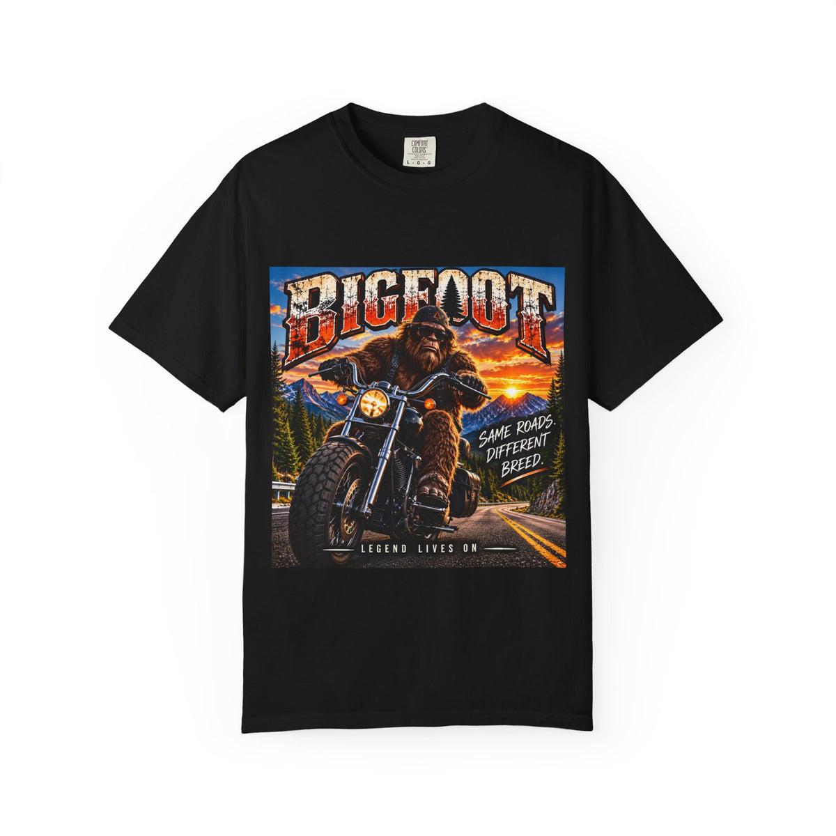 Bigfoot Motorcycle Rider T-shirt | Sasquatch Biker Graphic, Retro Sunset