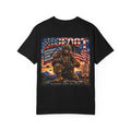 Back Print- Bigfoot American Flag Illustration T-Shirt | Sasquatch Retro Graphic Tee