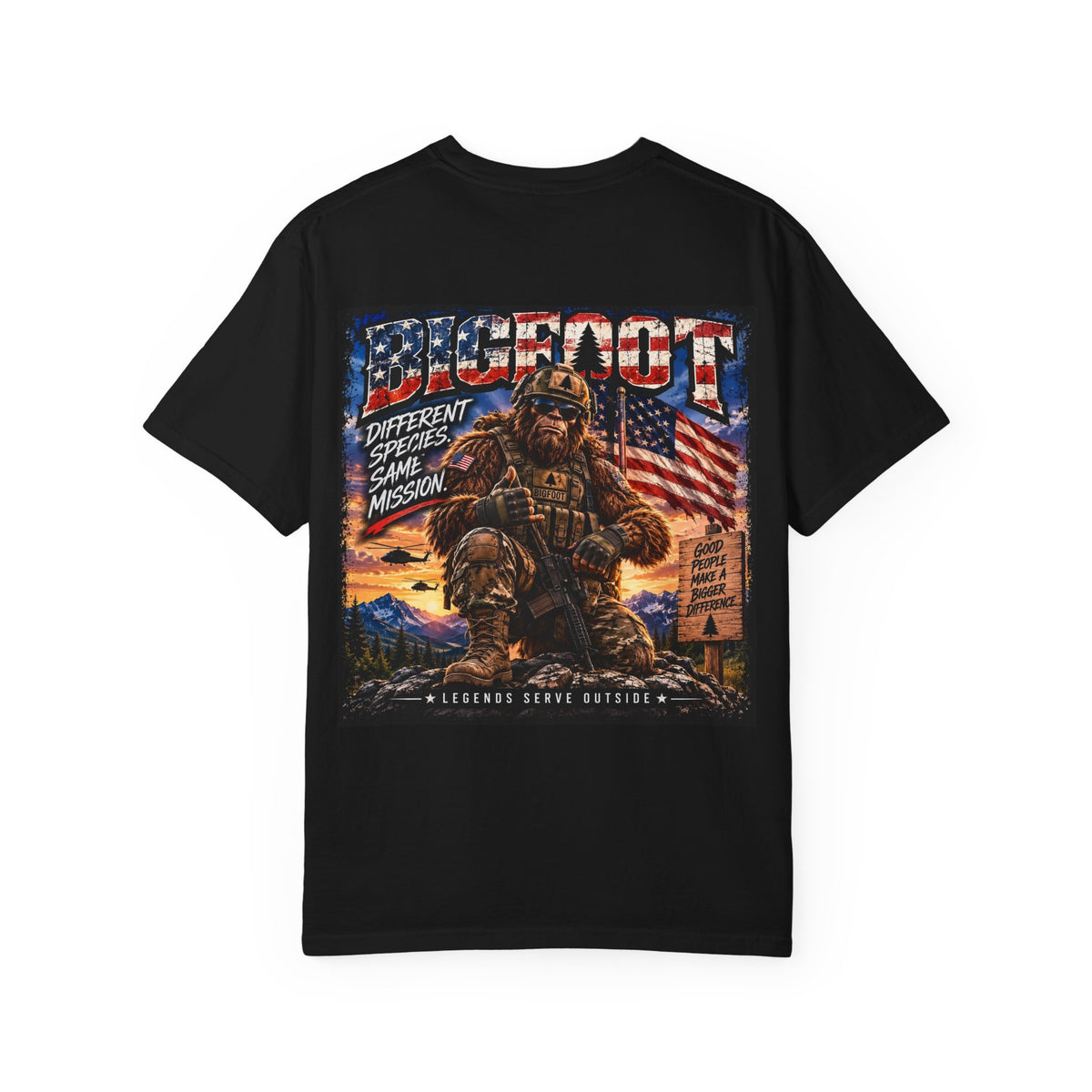 Back Print- Bigfoot American Flag Illustration T-Shirt | Sasquatch Retro Graphic Tee