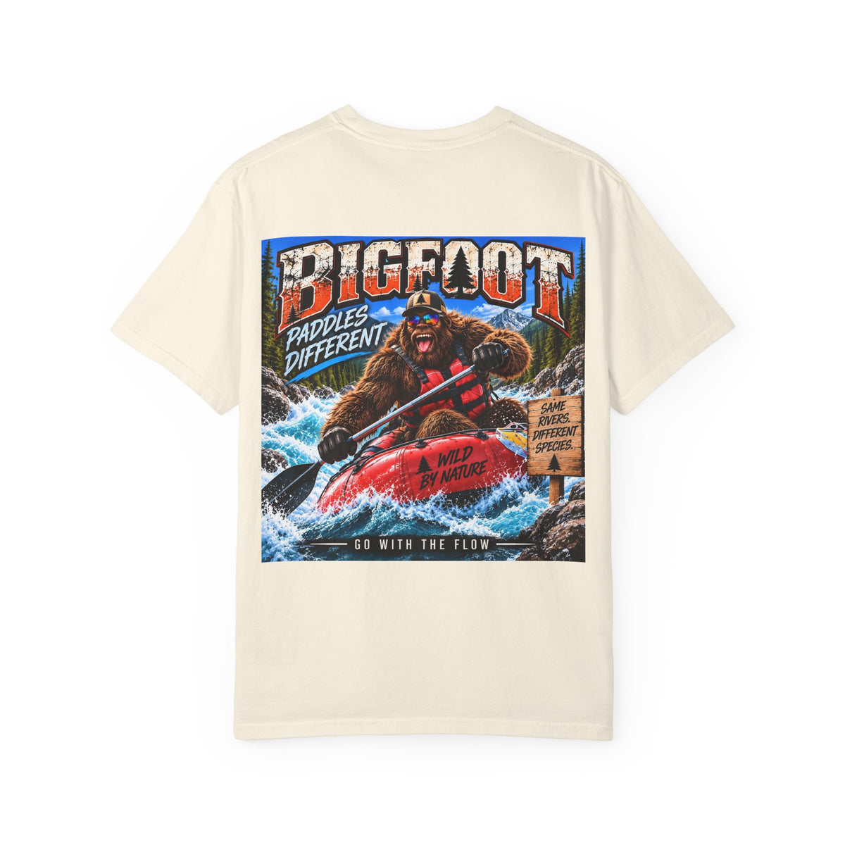 Back Print -  Bigfoot Kayaking Tee | Sasquatch Paddles Different, River Rapids Graphic Shirt