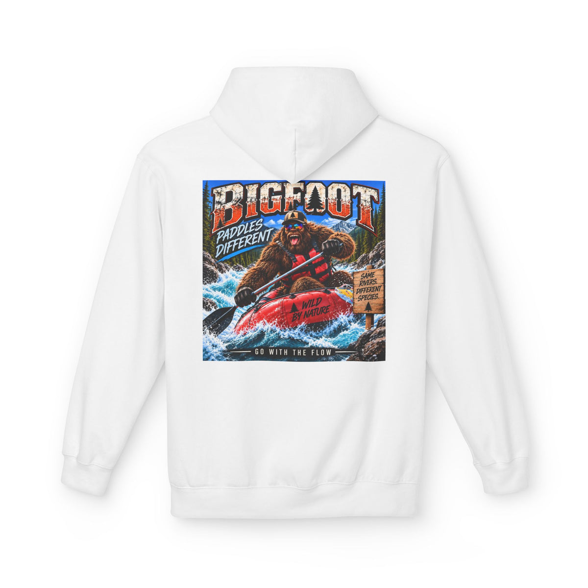 Back Print - Bigfoot River Adventure Hoodie | Sasquatch Retro Poster Design