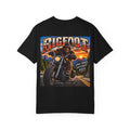 Back Print - Bigfoot Motorcycle Rider T-shirt | Sasquatch Biker Graphic, Retro Sunset