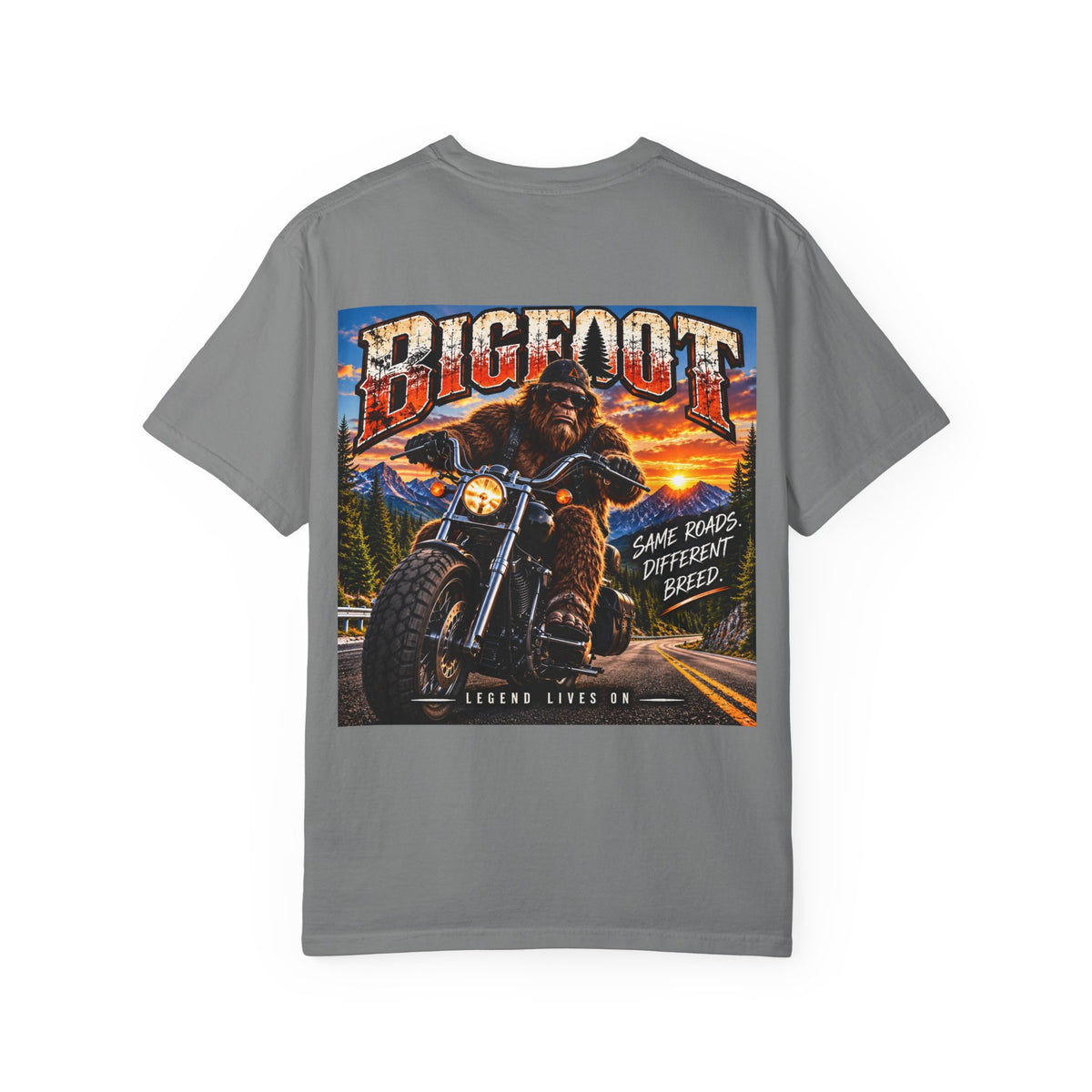 Back Print - Bigfoot Motorcycle Rider T-shirt | Sasquatch Biker Graphic, Retro Sunset