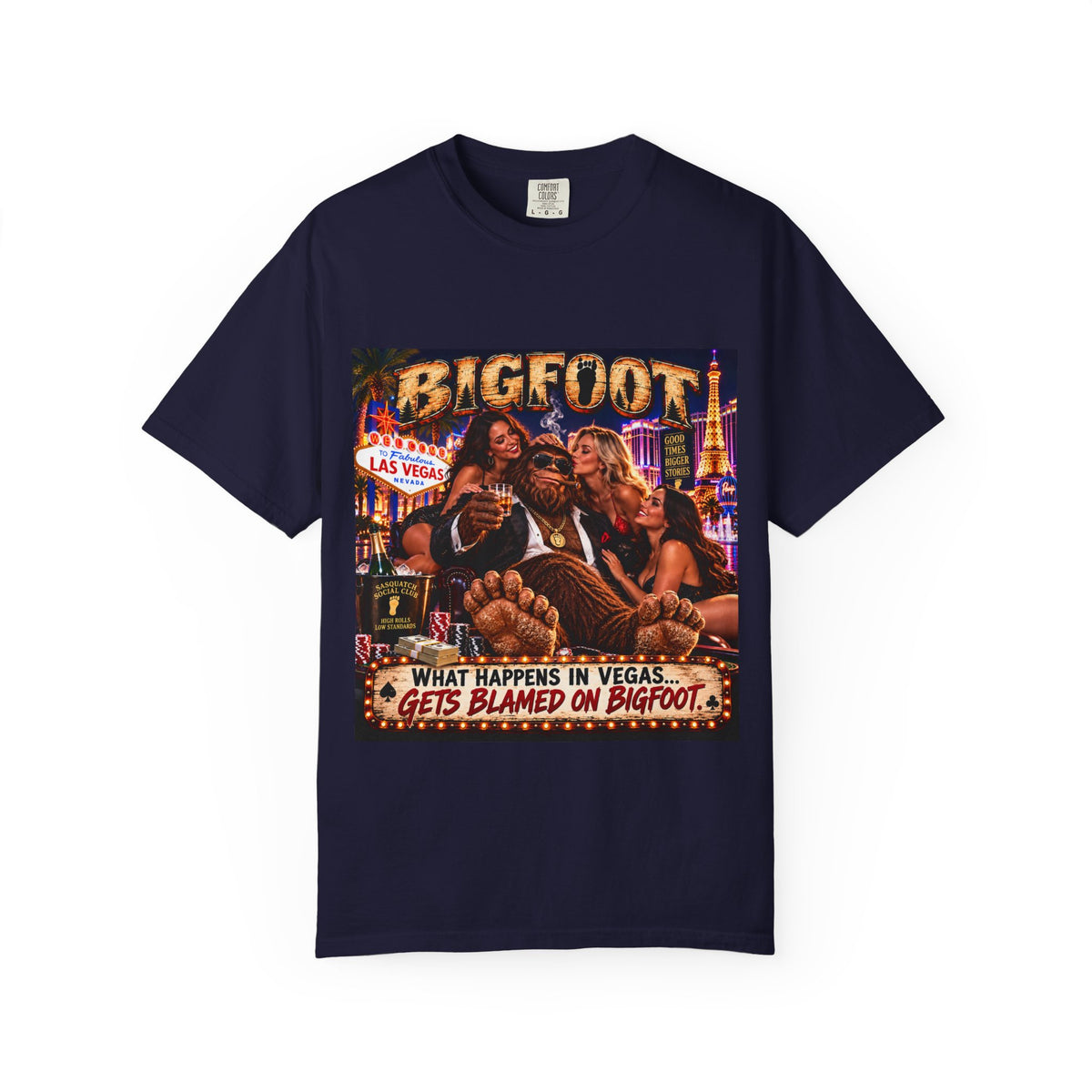 Bigfoot in Las Vegas T-shirt | Retro Casino Scene, 'What Happens in Vegas...'}