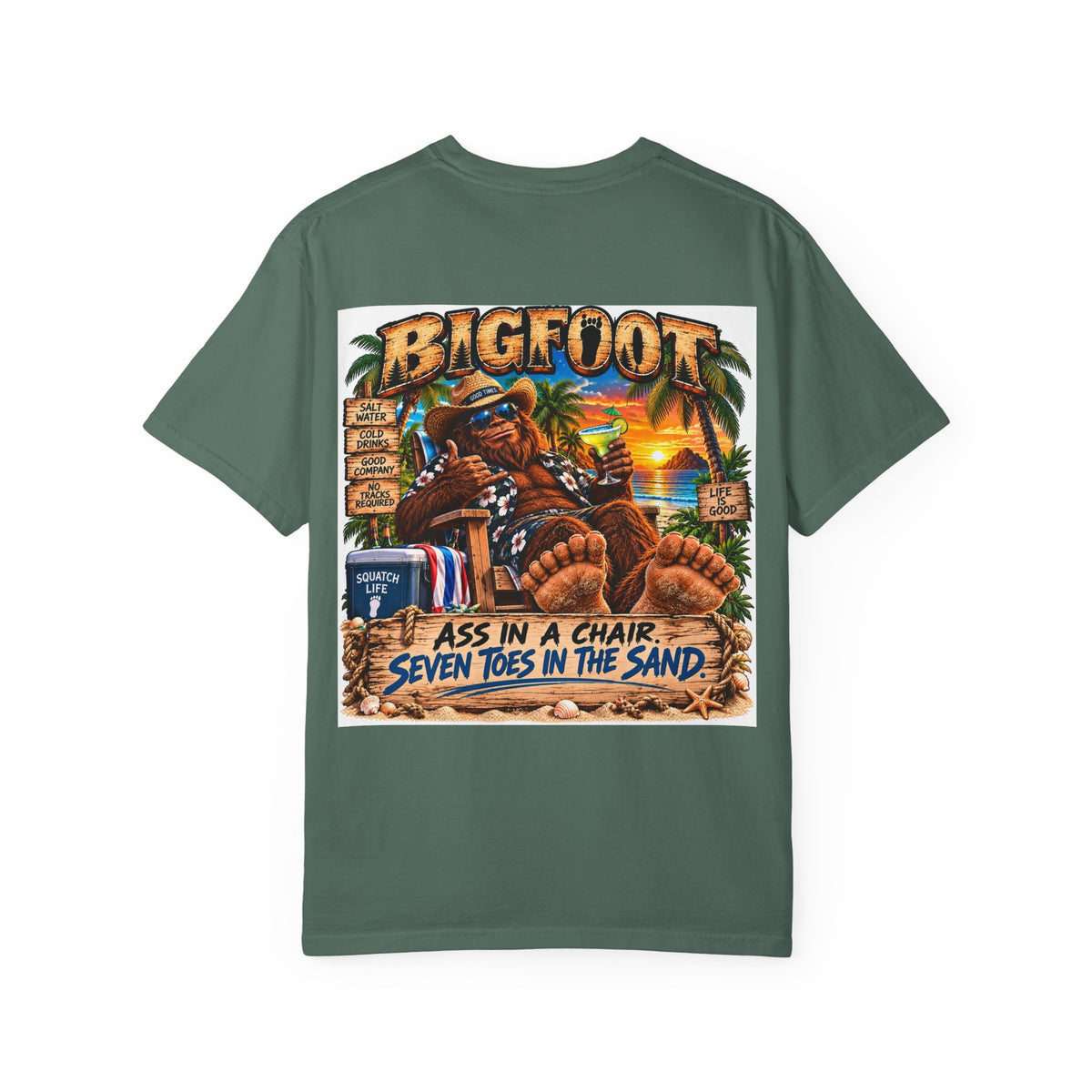 Back Print -Bigfoot Beach Scene T-shirt | Bigfoot Relaxing in Chair Sunset Graphic