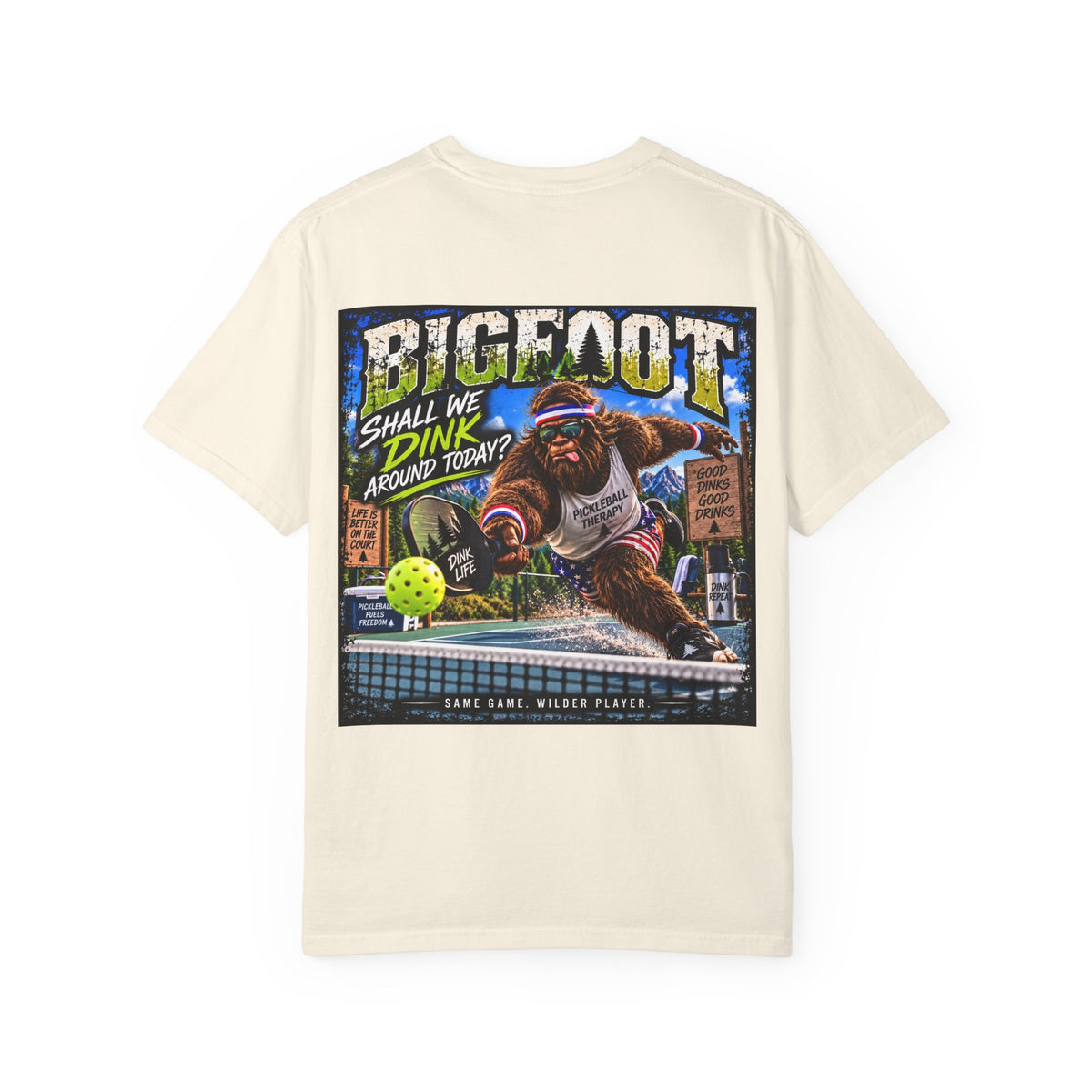 Back Print - Bigfoot Pickleball Poster Art T-Shirt | Shall We Dink Retro Graphic