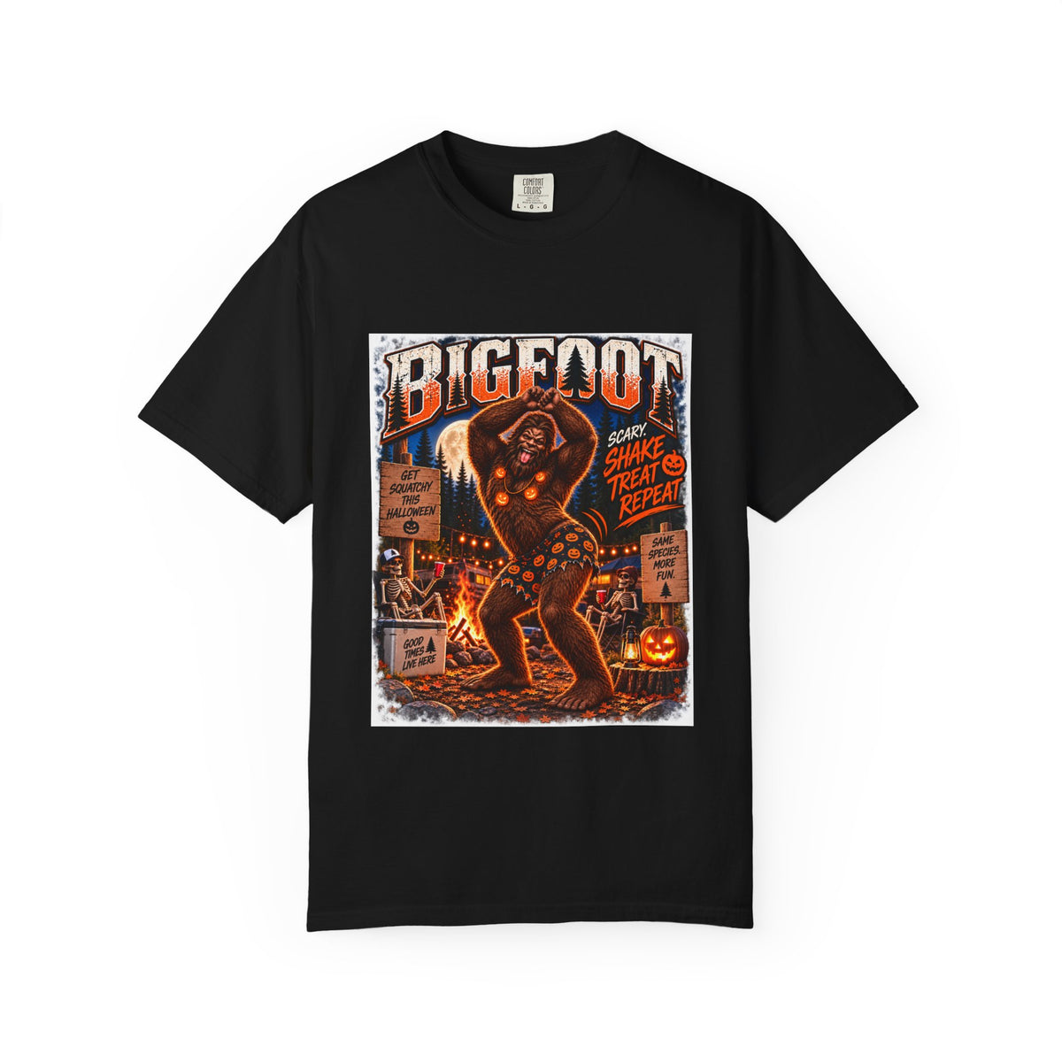 Bigfoot Halloween Dance Illustration T-Shirt | Spooky Campfire Sasquatch Tee