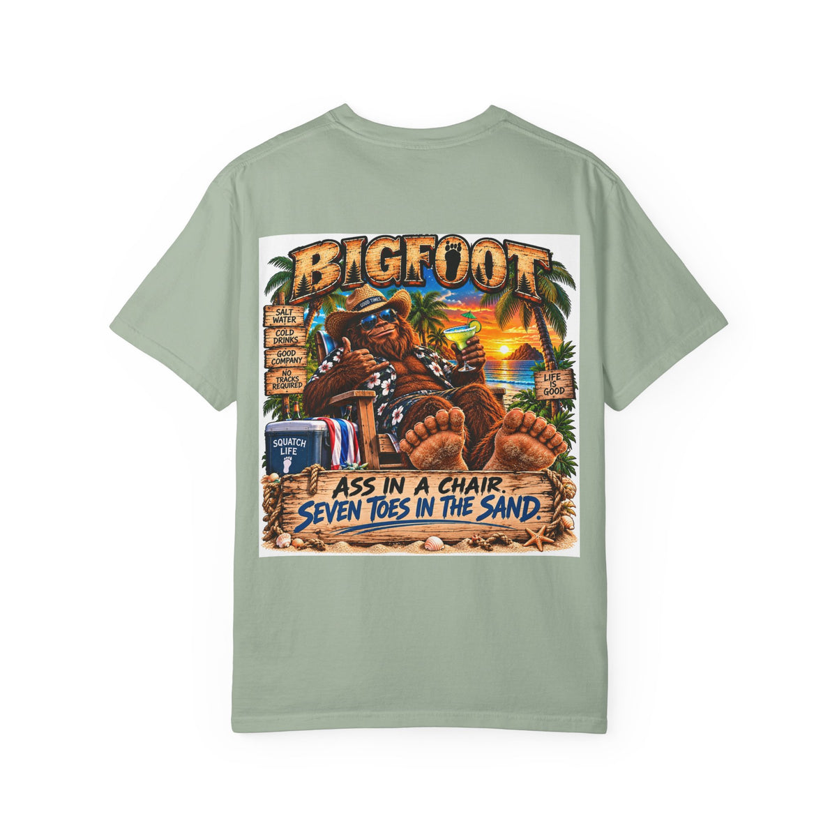 Back Print -Bigfoot Beach Scene T-shirt | Bigfoot Relaxing in Chair Sunset Graphic