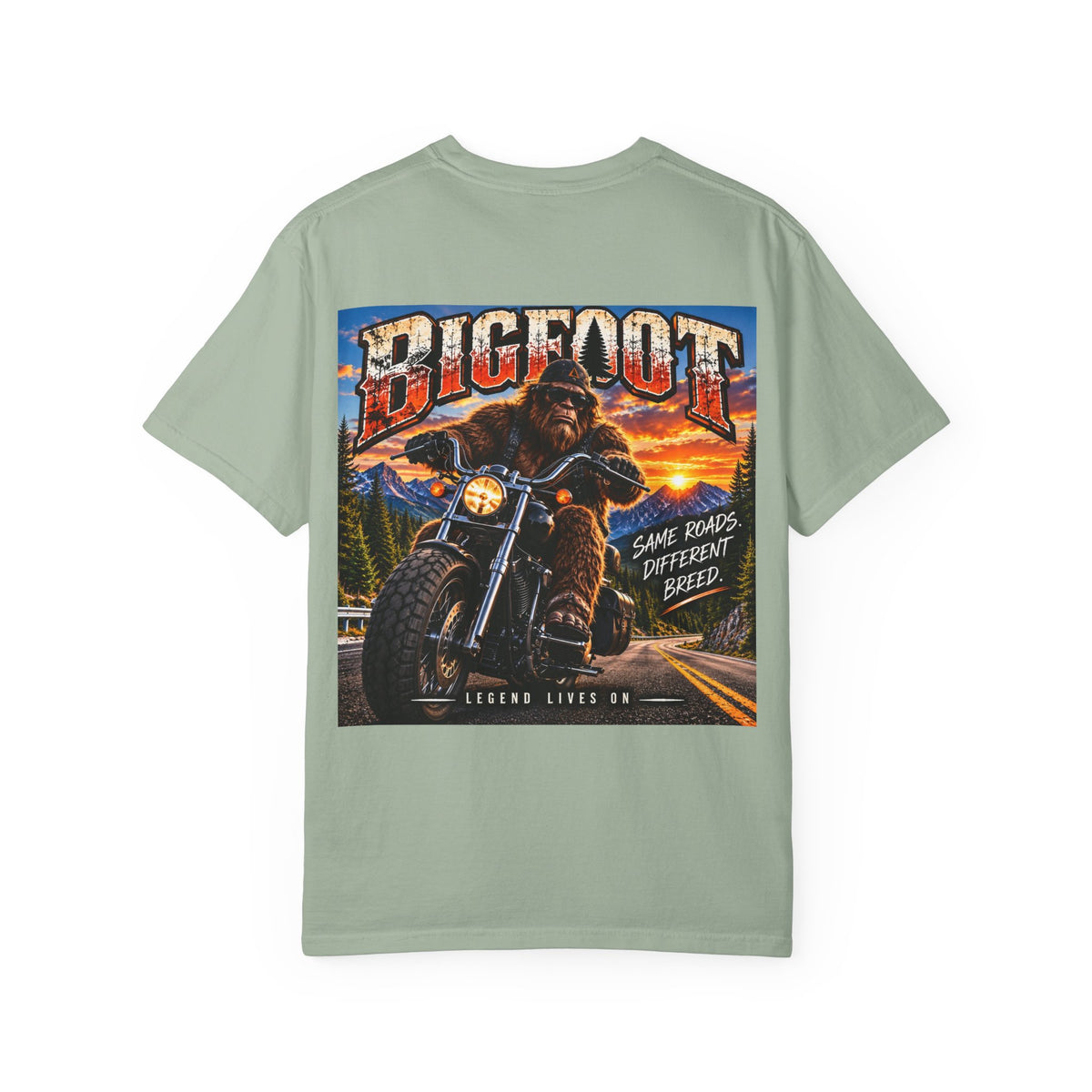 Back Print - Bigfoot Motorcycle Rider T-shirt | Sasquatch Biker Graphic, Retro Sunset