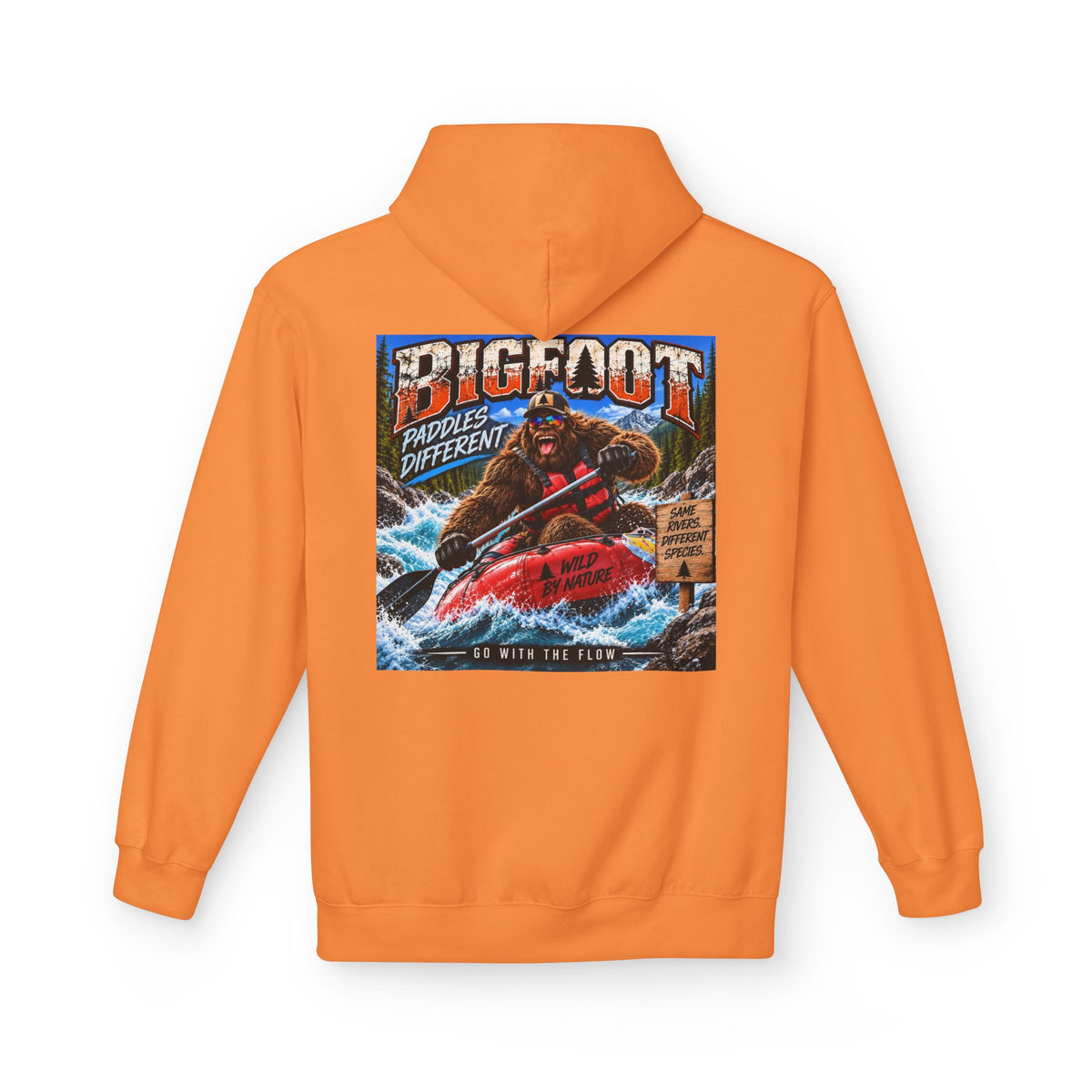 Back Print - Bigfoot River Adventure Hoodie | Sasquatch Retro Poster Design