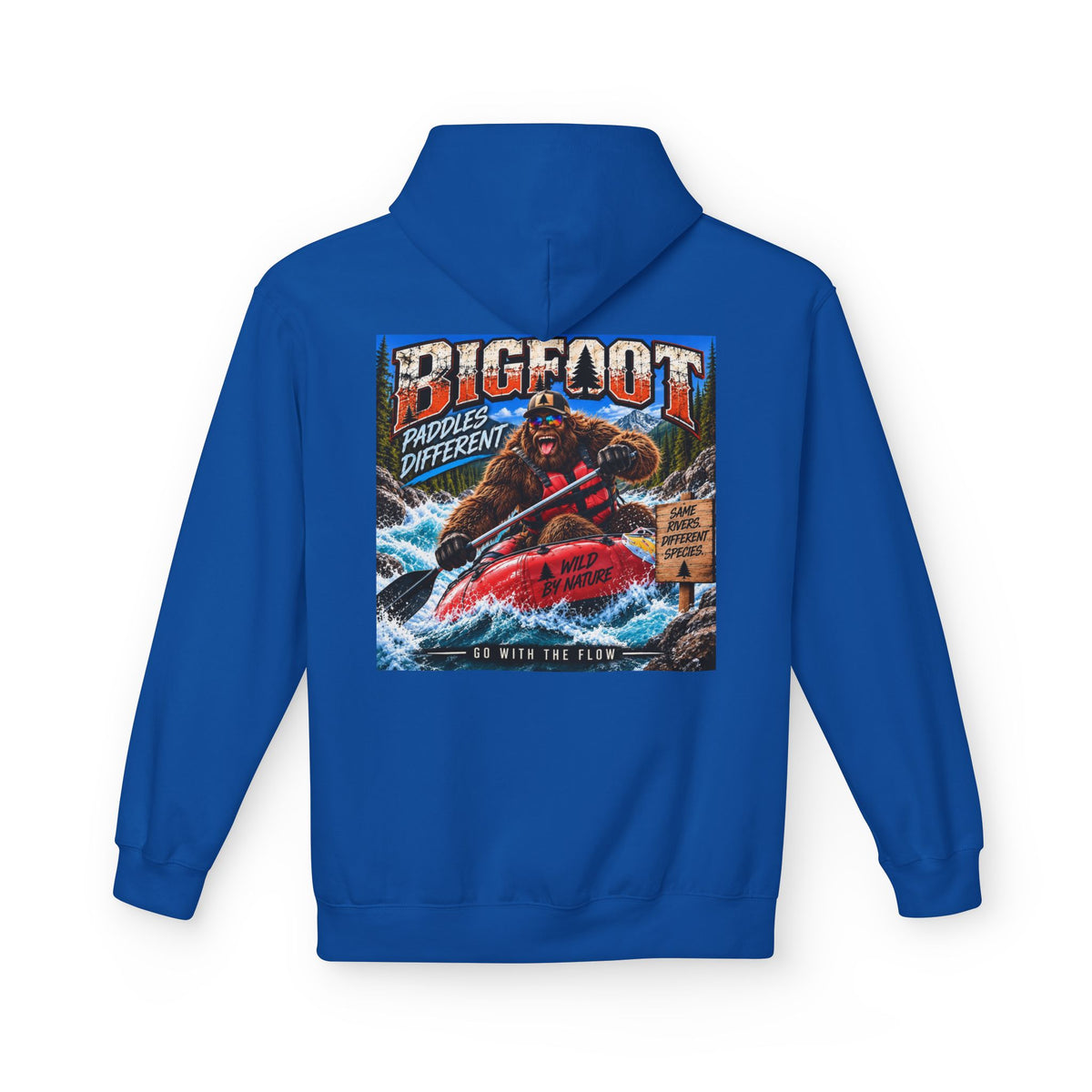 Back Print - Bigfoot River Adventure Hoodie | Sasquatch Retro Poster Design