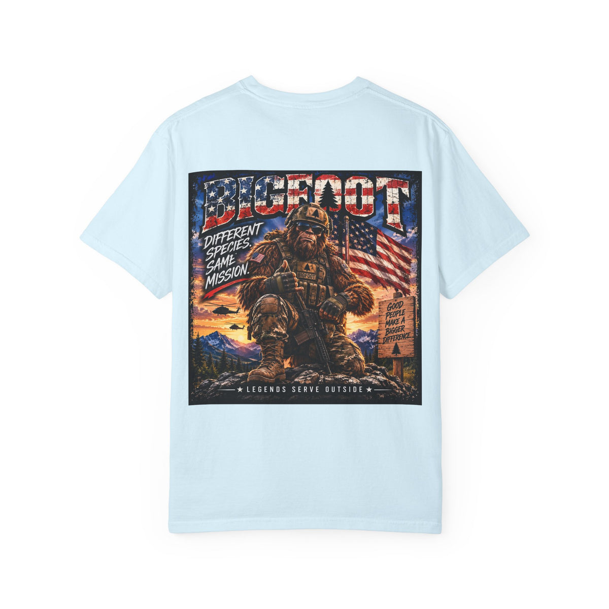 Back Print- Bigfoot American Flag Illustration T-Shirt | Sasquatch Retro Graphic Tee