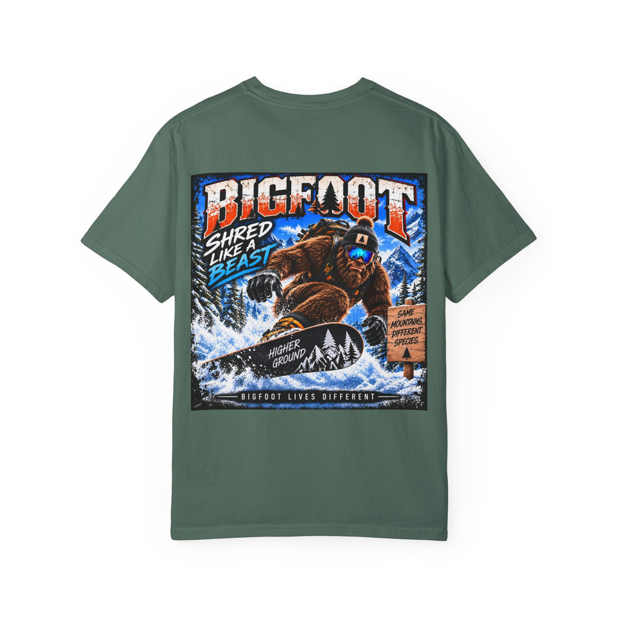 Back Print -  Bigfoot Snowboarder Illustration T-Shirt | Shred Like a Beast Tee