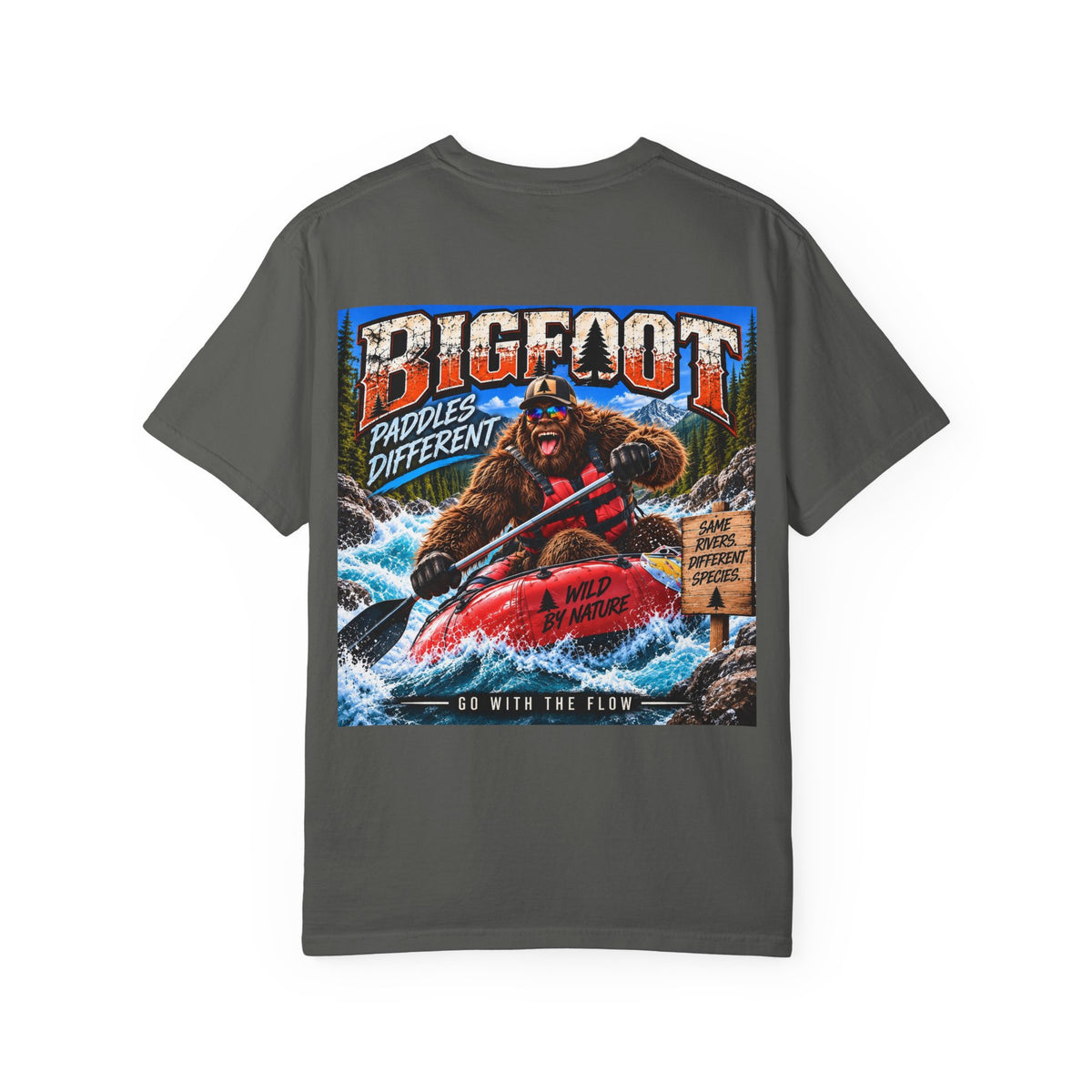 Back Print -  Bigfoot Kayaking Tee | Sasquatch Paddles Different, River Rapids Graphic Shirt