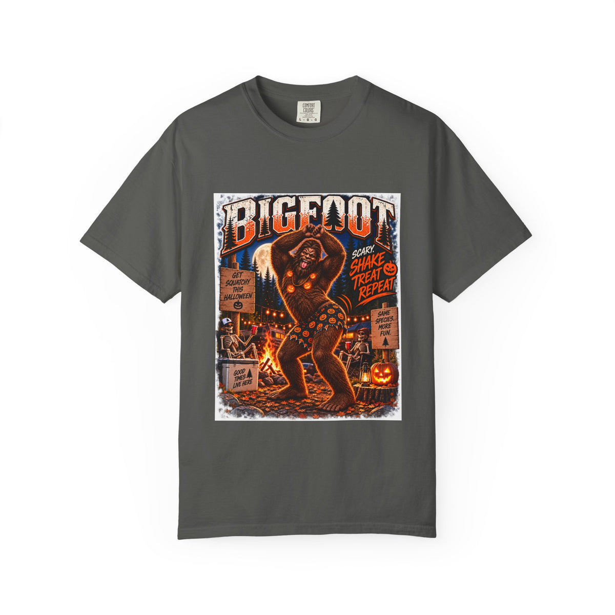 Bigfoot Halloween Dance Illustration T-Shirt | Spooky Campfire Sasquatch Tee