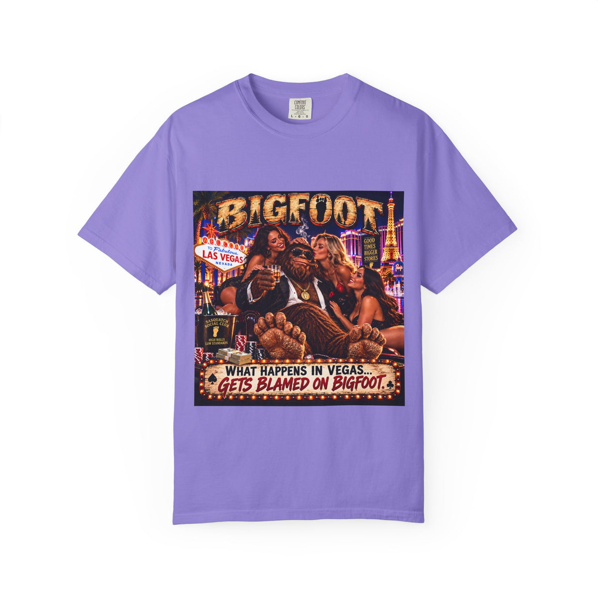 Bigfoot in Las Vegas T-shirt | Retro Casino Scene, 'What Happens in Vegas...'}