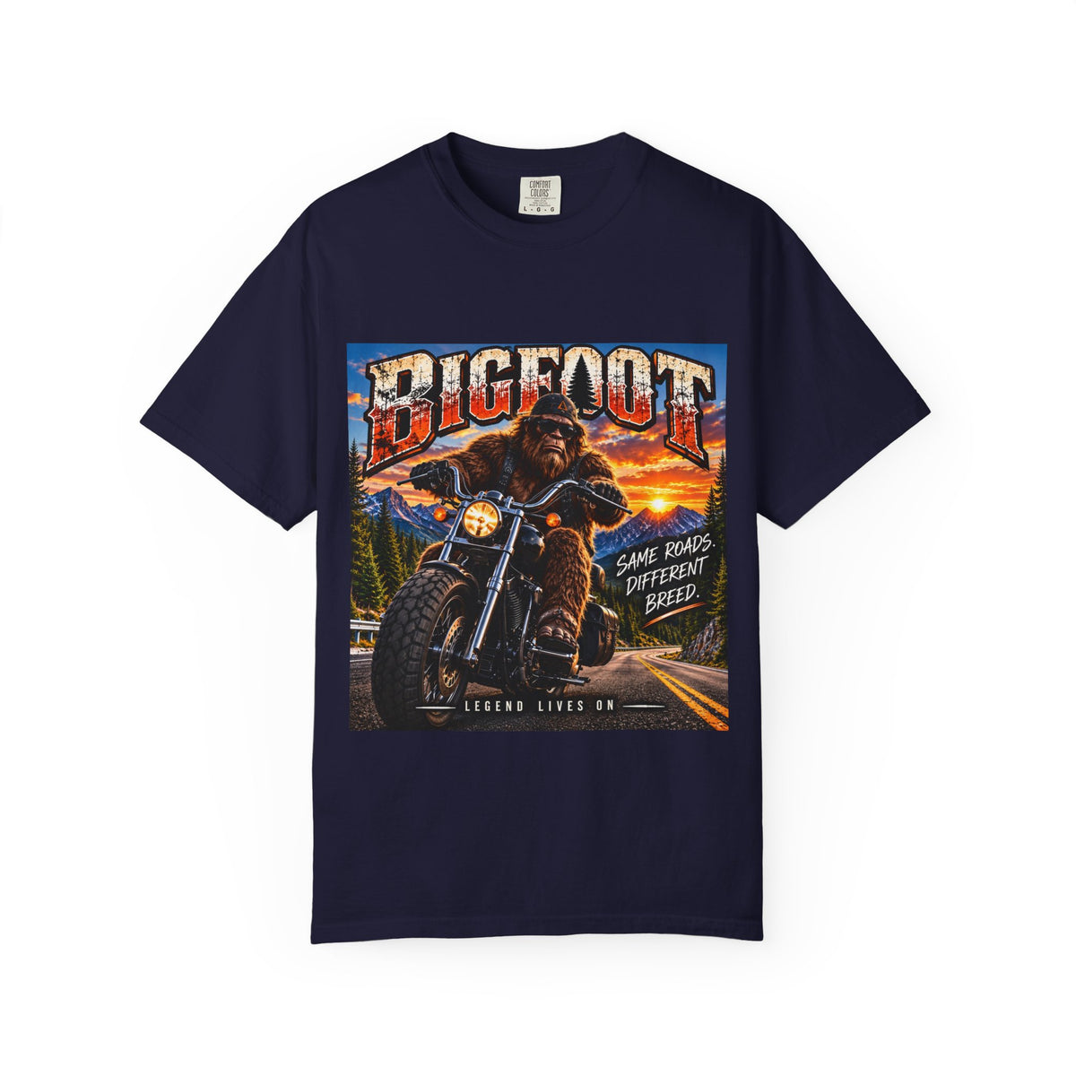 Bigfoot Motorcycle Rider T-shirt | Sasquatch Biker Graphic, Retro Sunset