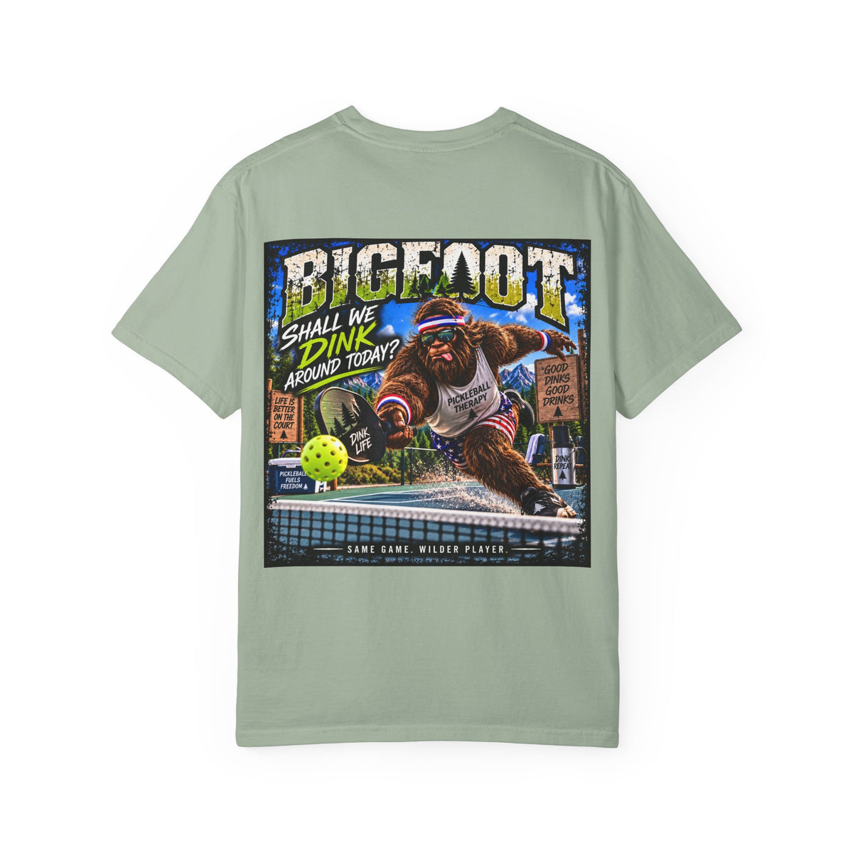 Back Print - Bigfoot Pickleball Poster Art T-Shirt | Shall We Dink Retro Graphic