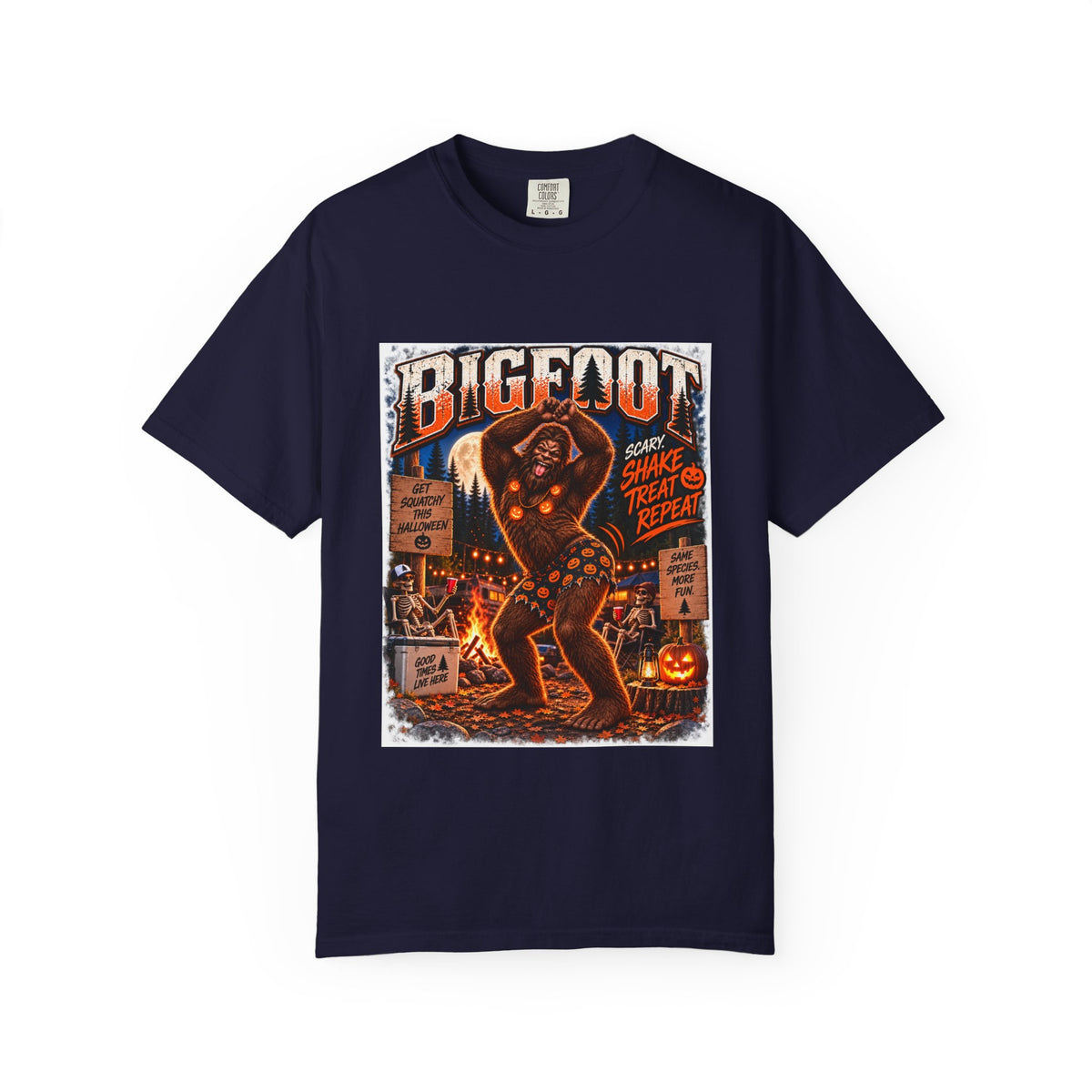 Bigfoot Halloween Dance Illustration T-Shirt | Spooky Campfire Sasquatch Tee