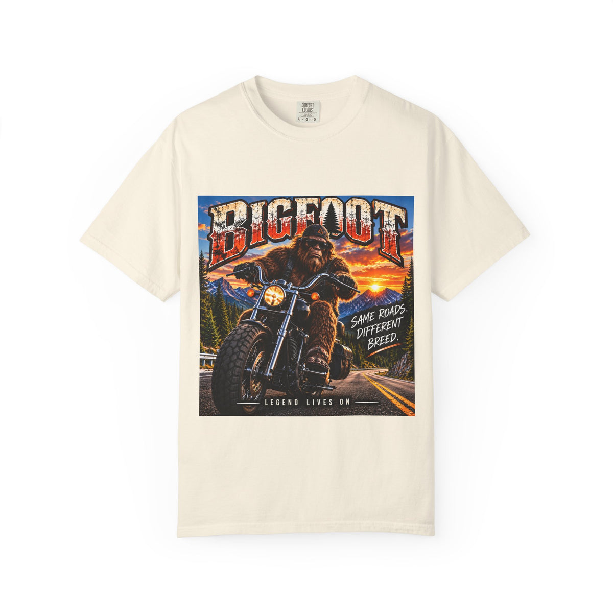 Bigfoot Motorcycle Rider T-shirt | Sasquatch Biker Graphic, Retro Sunset
