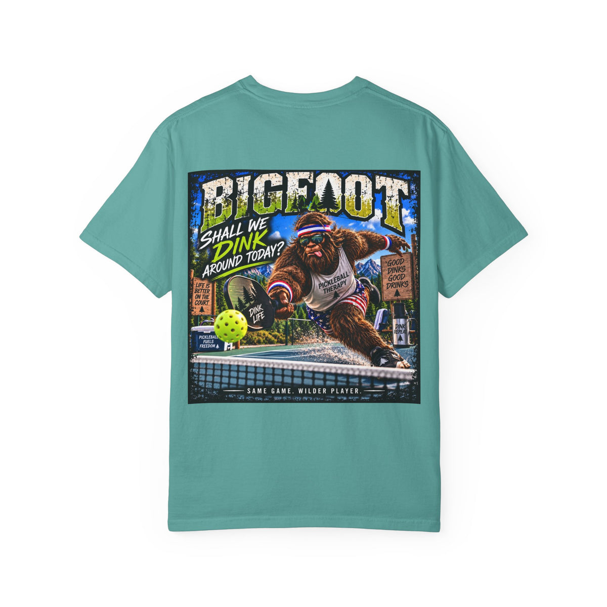 Back Print - Bigfoot Pickleball Poster Art T-Shirt | Shall We Dink Retro Graphic