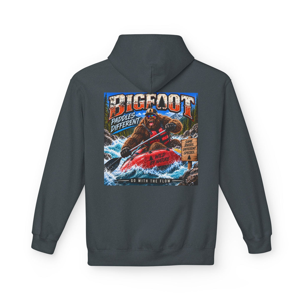 Back Print - Bigfoot River Adventure Hoodie | Sasquatch Retro Poster Design
