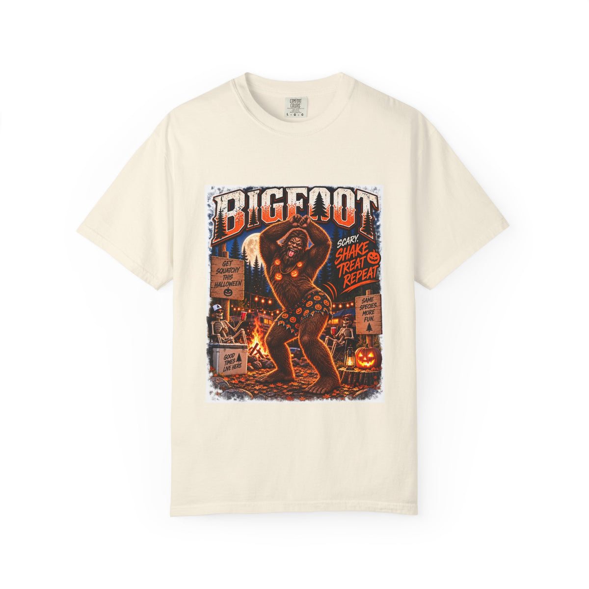 Bigfoot Halloween Dance Illustration T-Shirt | Spooky Campfire Sasquatch Tee