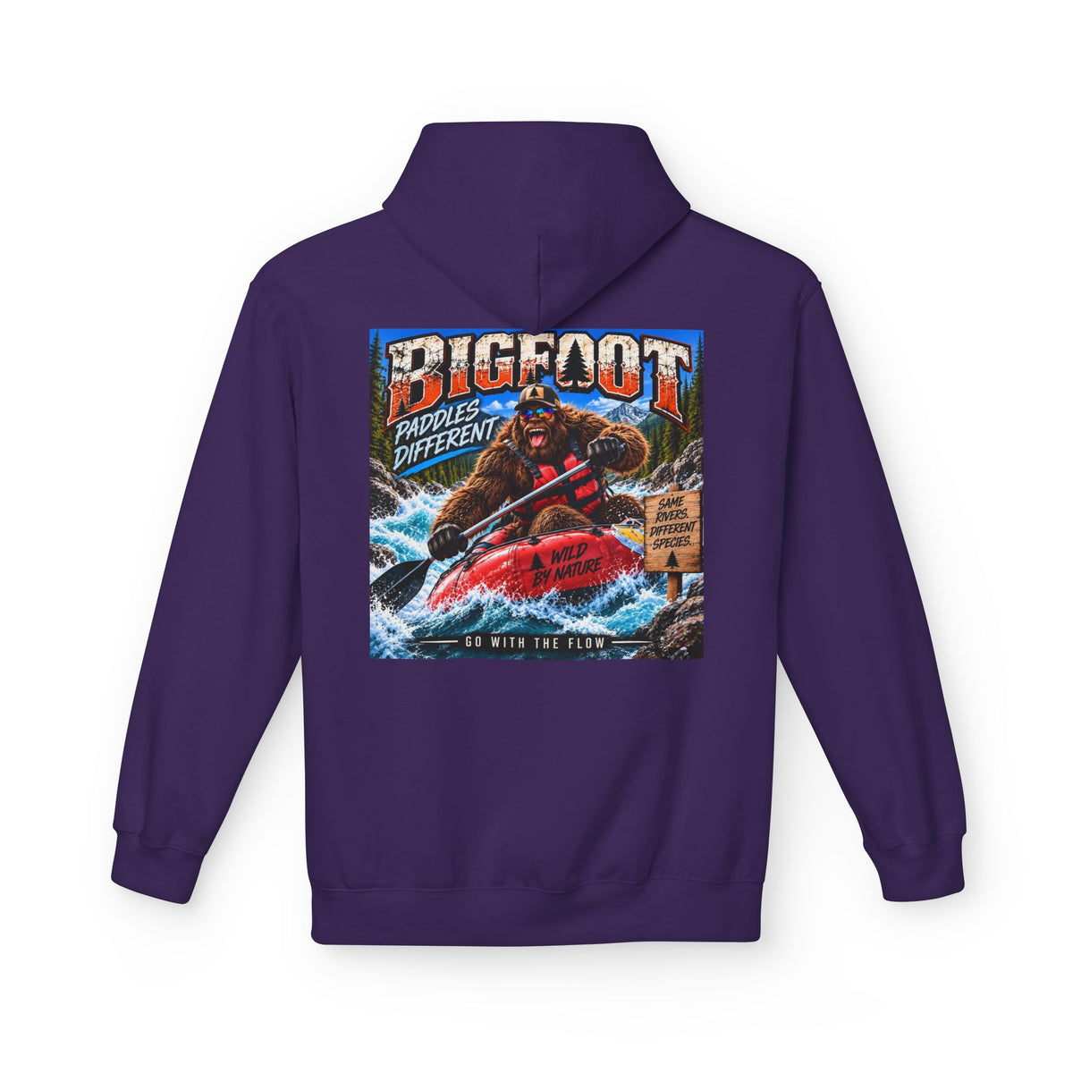 Back Print - Bigfoot River Adventure Hoodie | Sasquatch Retro Poster Design