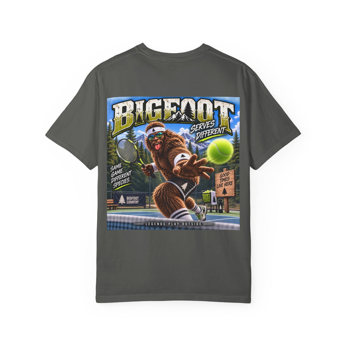 Back Print- Bigfoot Tennis Graphic T-Shirt | Vintage Sports Monster Illustration