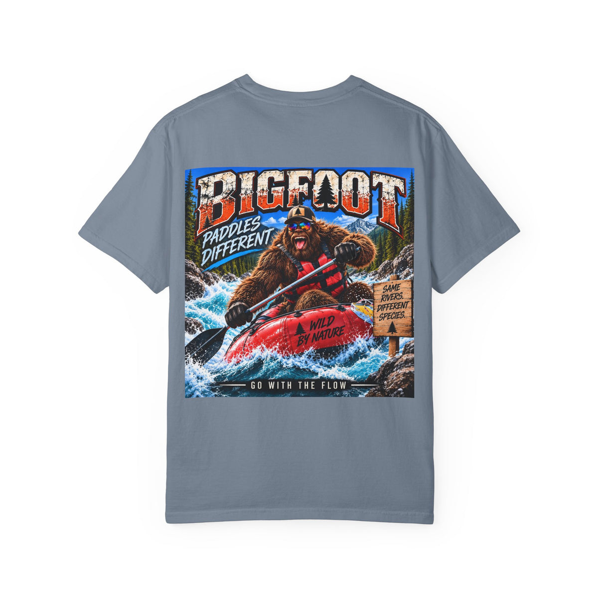 Back Print -  Bigfoot Kayaking Tee | Sasquatch Paddles Different, River Rapids Graphic Shirt