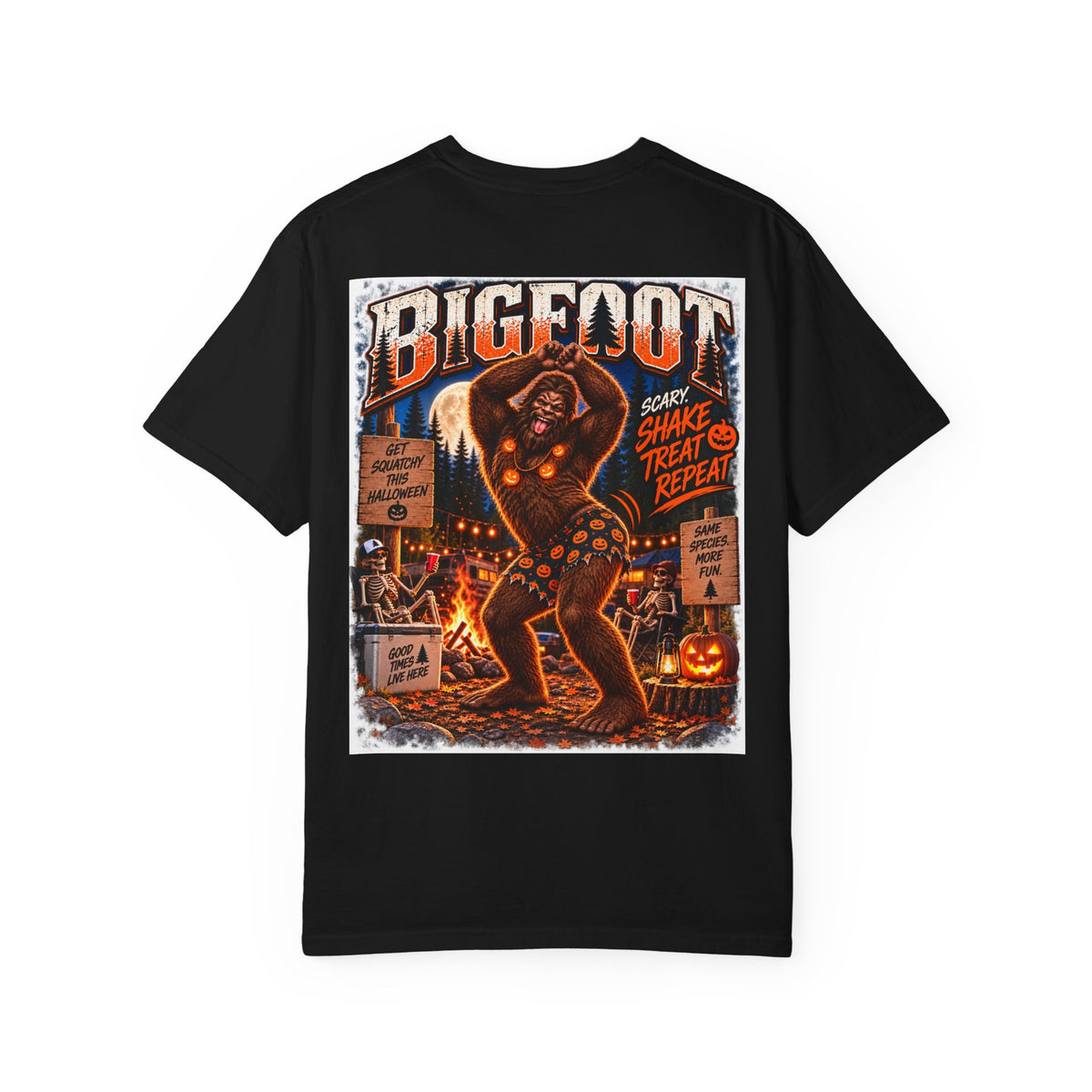 Back Print- Bigfoot Halloween Dance Illustration T-Shirt | Spooky Campfire Sasquatch Tee
