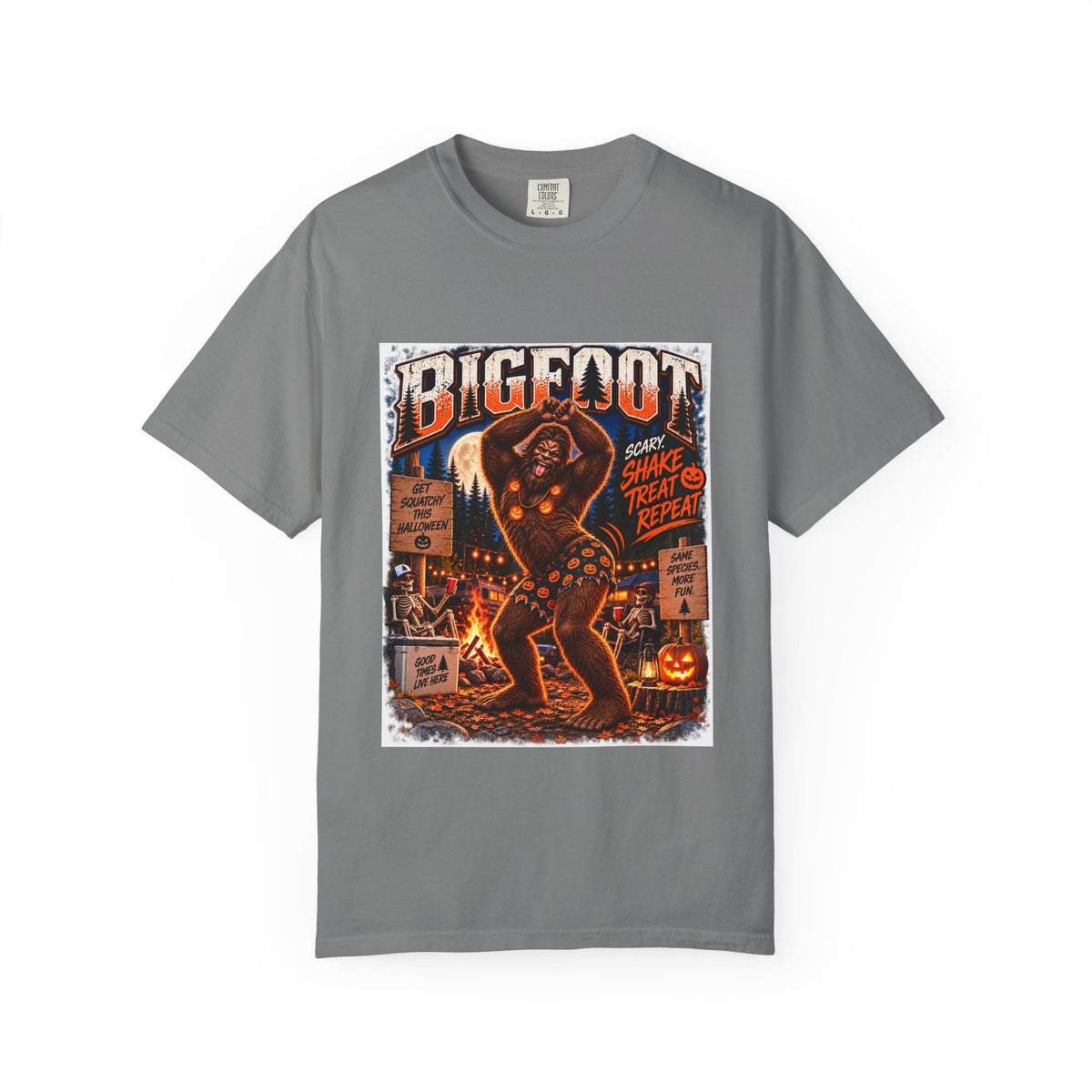 Bigfoot Halloween Dance Illustration T-Shirt | Spooky Campfire Sasquatch Tee