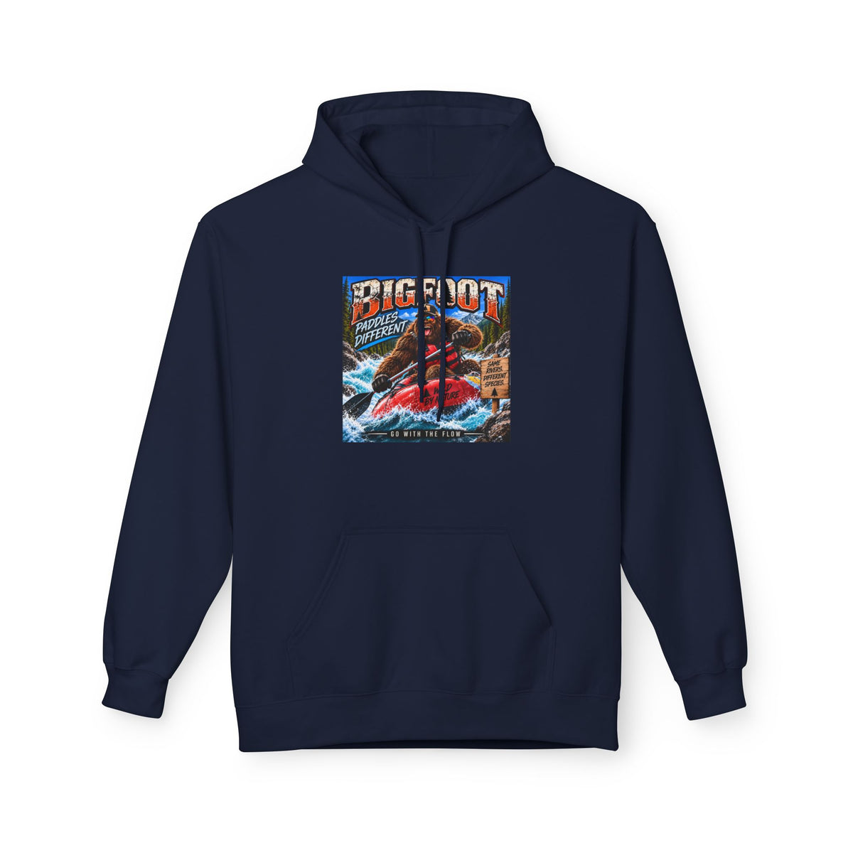 Bigfoot River Adventure Hoodie | Sasquatch Retro Poster Design