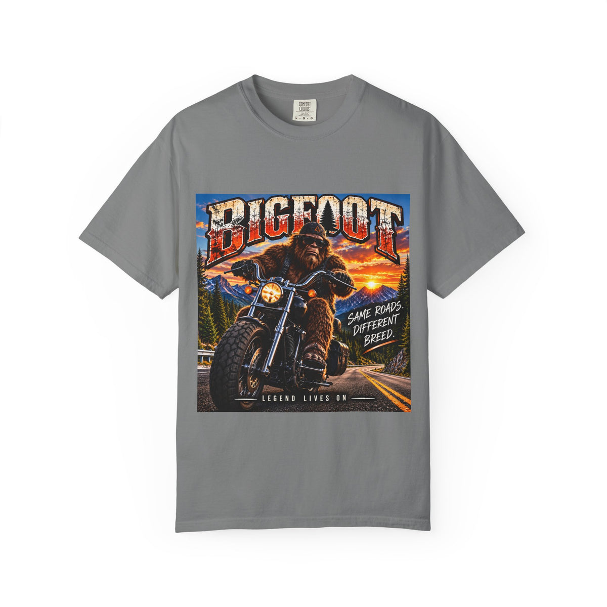 Bigfoot Motorcycle Rider T-shirt | Sasquatch Biker Graphic, Retro Sunset