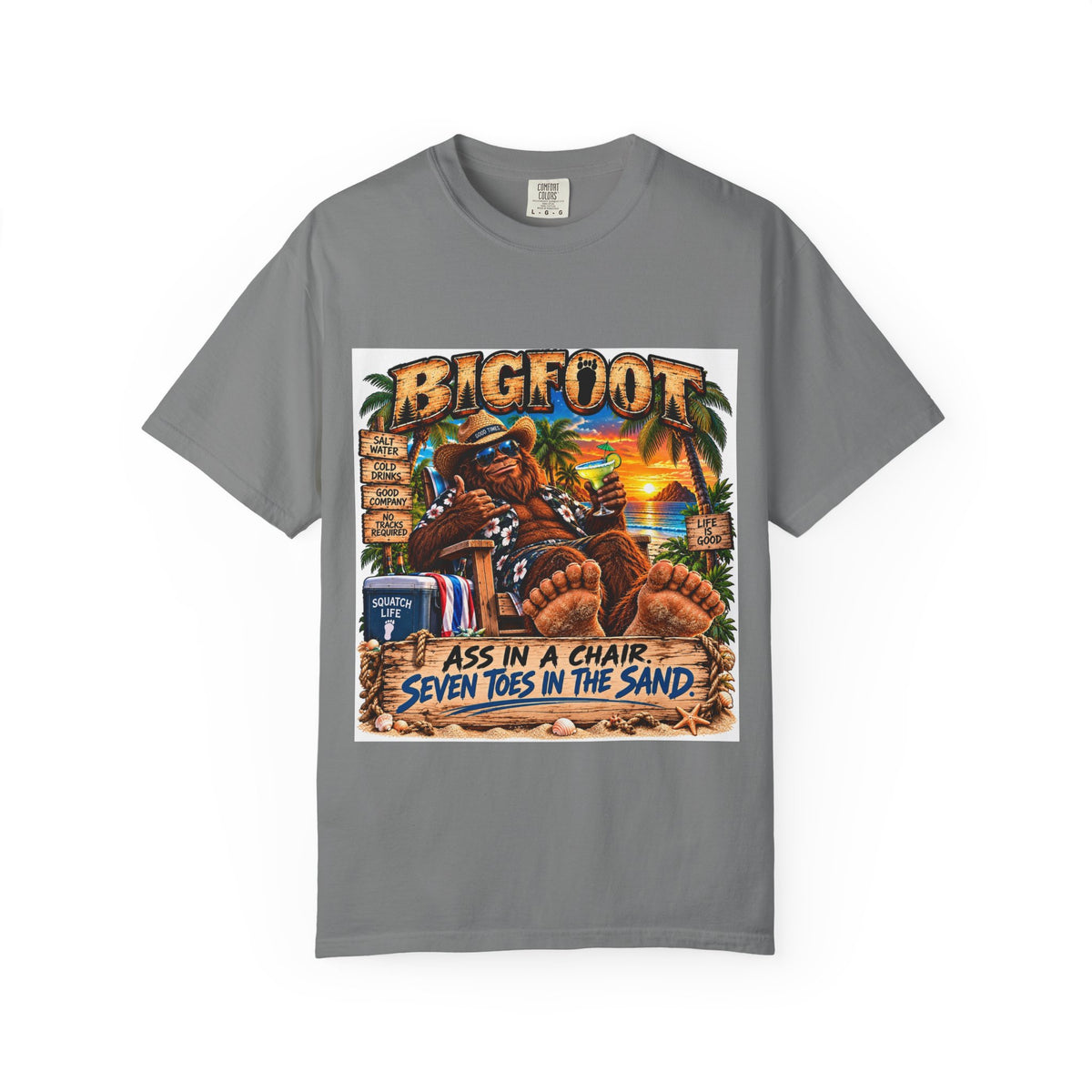 Bigfoot Beach Scene T-shirt | Bigfoot Relaxing in Chair Sunset Graphic