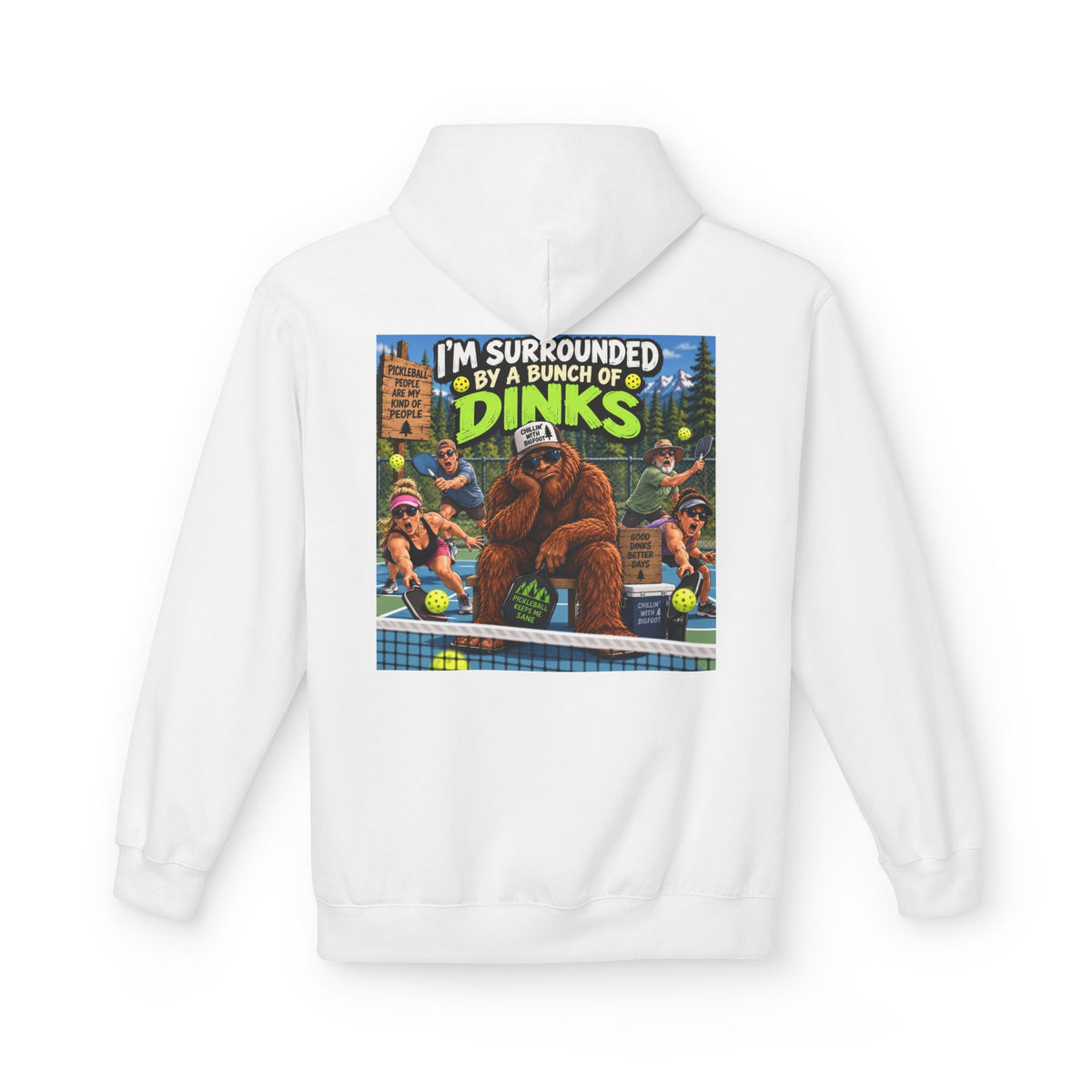 Back Print - I'm Surrounded by Dinos Hoodie | Retro Cartoon Dinosaur Illustration