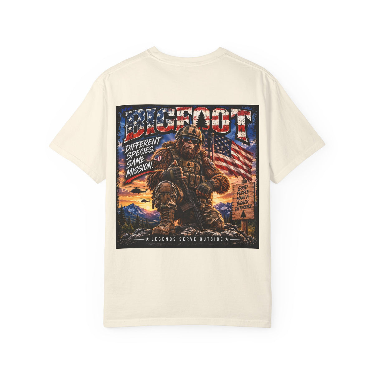 Back Print- Bigfoot American Flag Illustration T-Shirt | Sasquatch Retro Graphic Tee