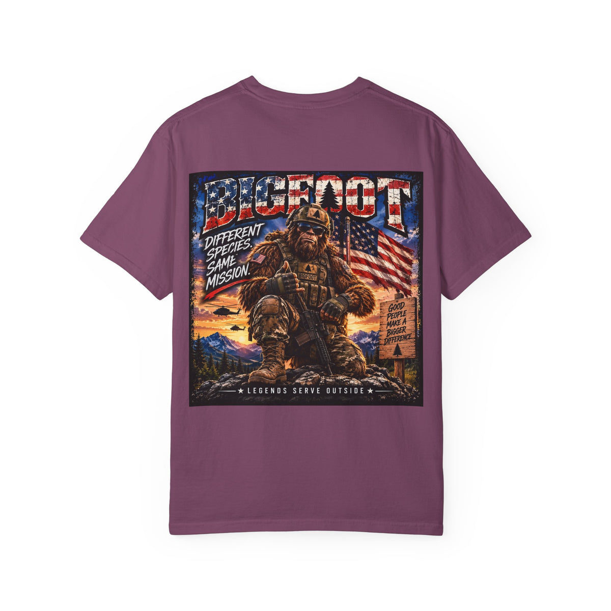 Back Print- Bigfoot American Flag Illustration T-Shirt | Sasquatch Retro Graphic Tee