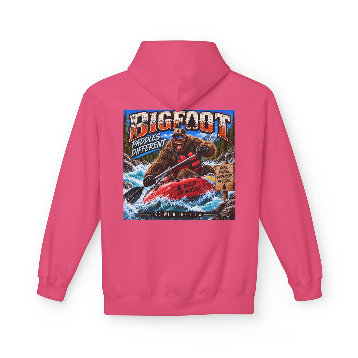 Back Print - Bigfoot River Adventure Hoodie | Sasquatch Retro Poster Design