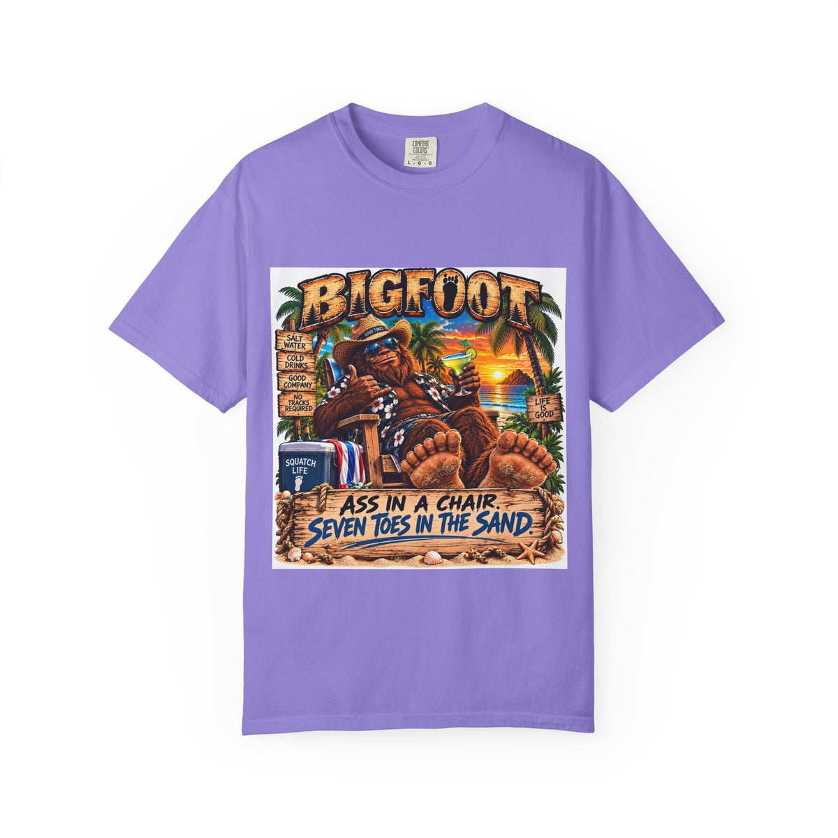 Bigfoot Beach Scene T-shirt | Bigfoot Relaxing in Chair Sunset Graphic