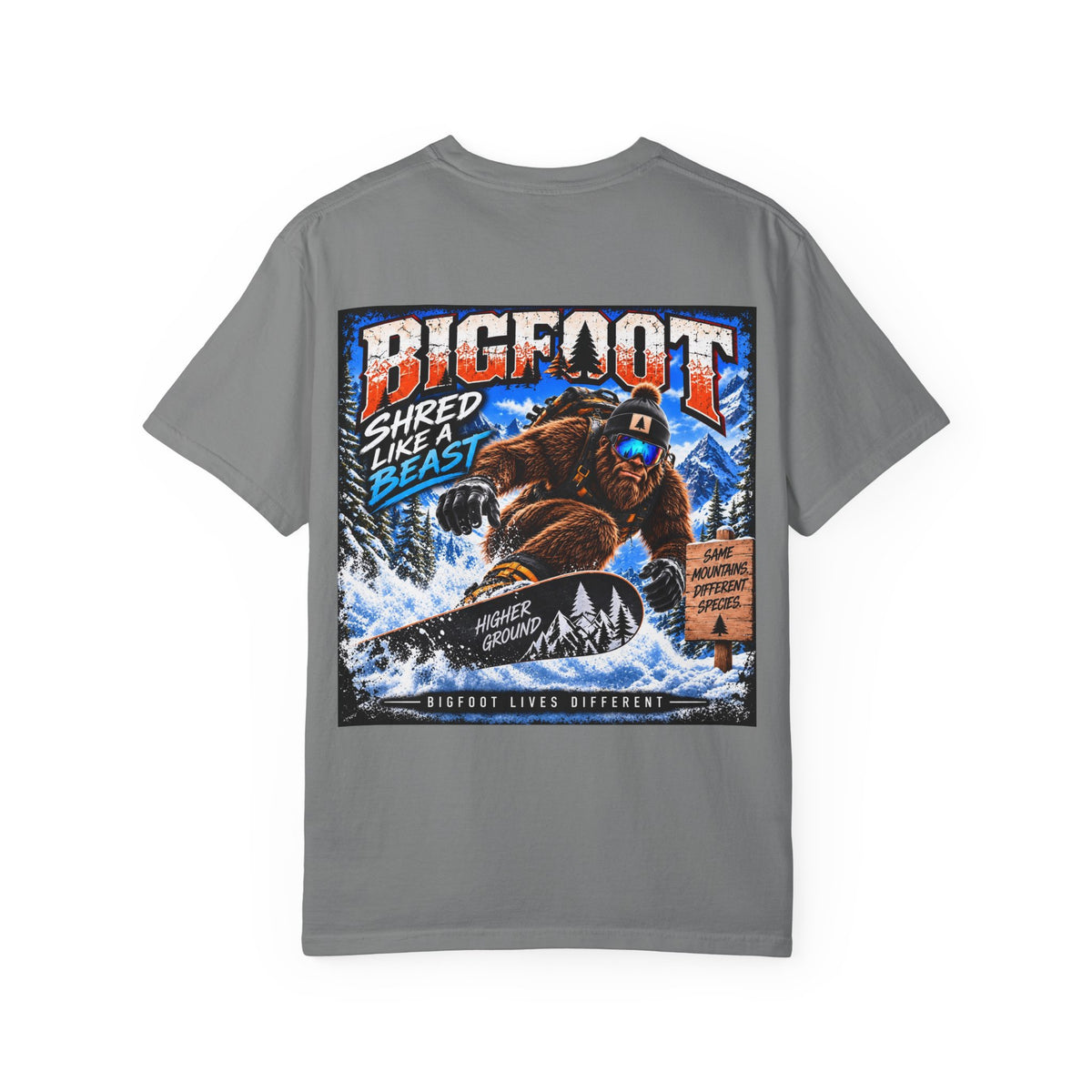 Back Print -  Bigfoot Snowboarder Illustration T-Shirt | Shred Like a Beast Tee