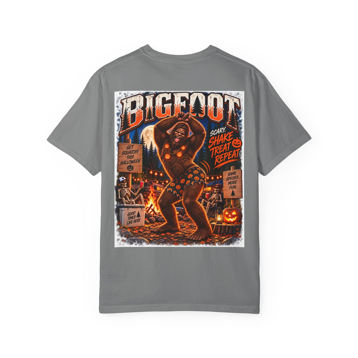 Back Print- Bigfoot Halloween Dance Illustration T-Shirt | Spooky Campfire Sasquatch Tee