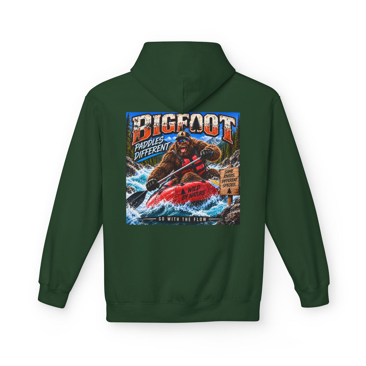 Back Print - Bigfoot River Adventure Hoodie | Sasquatch Retro Poster Design