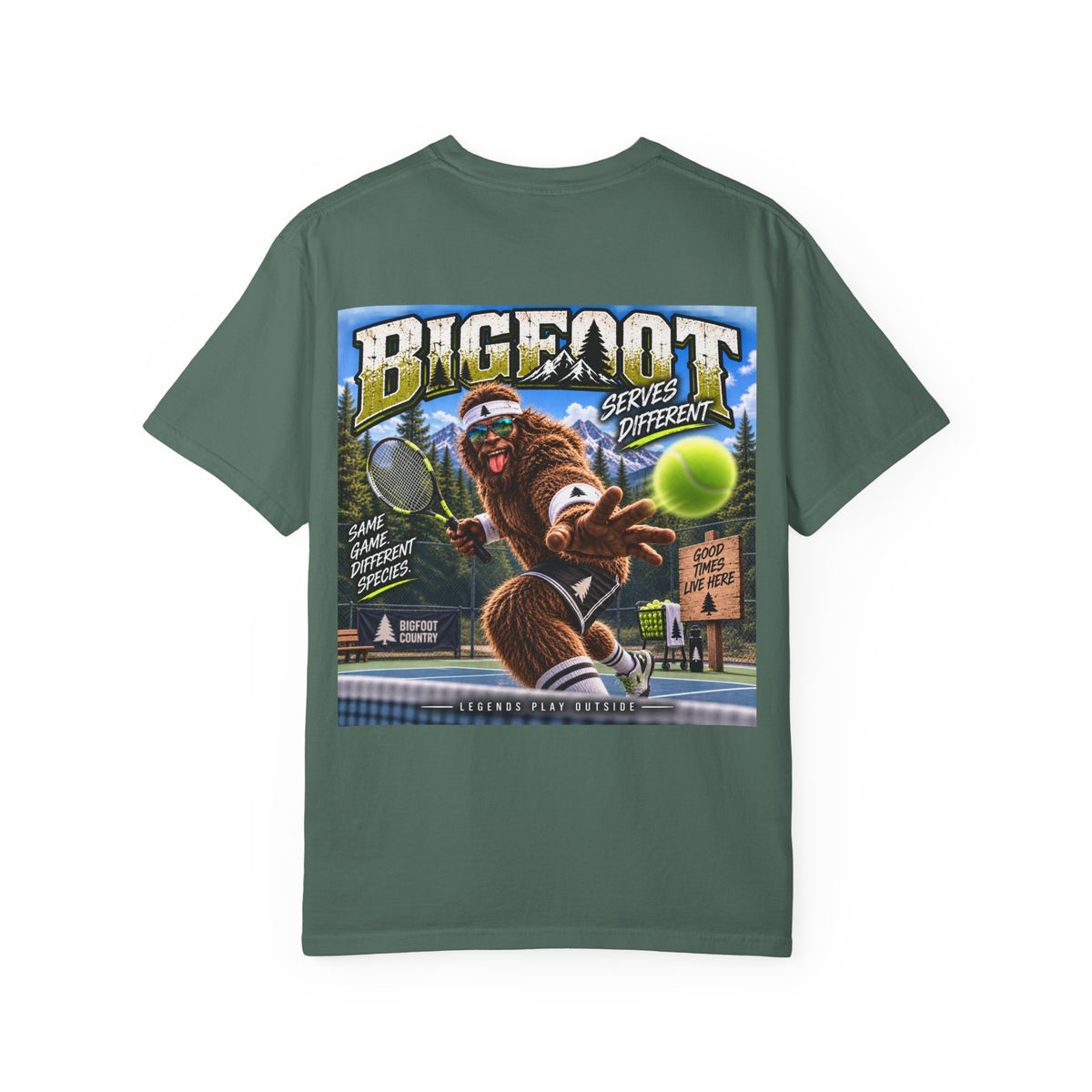 Back Print- Bigfoot Tennis Graphic T-Shirt | Vintage Sports Monster Illustration