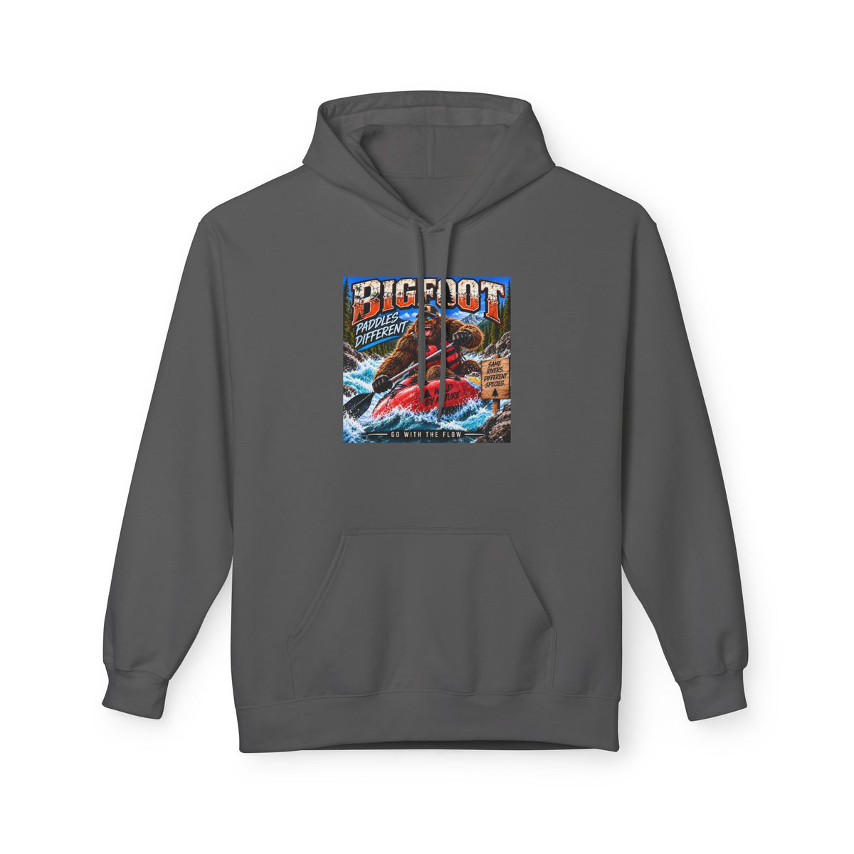 Bigfoot River Adventure Hoodie | Sasquatch Retro Poster Design