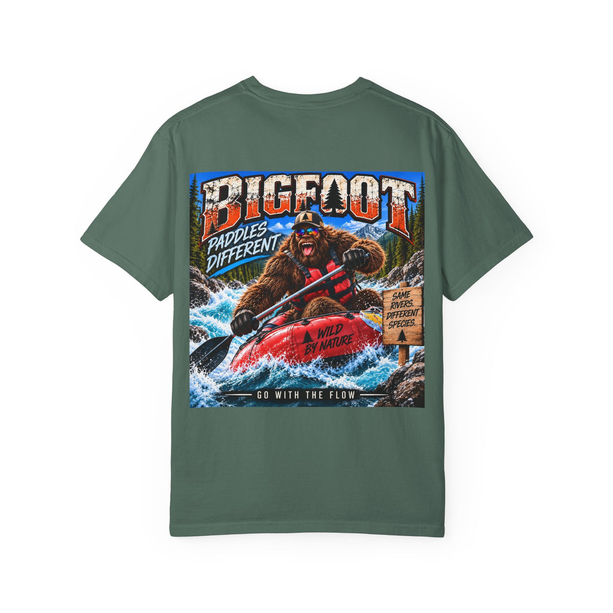 Back Print -  Bigfoot Kayaking Tee | Sasquatch Paddles Different, River Rapids Graphic Shirt