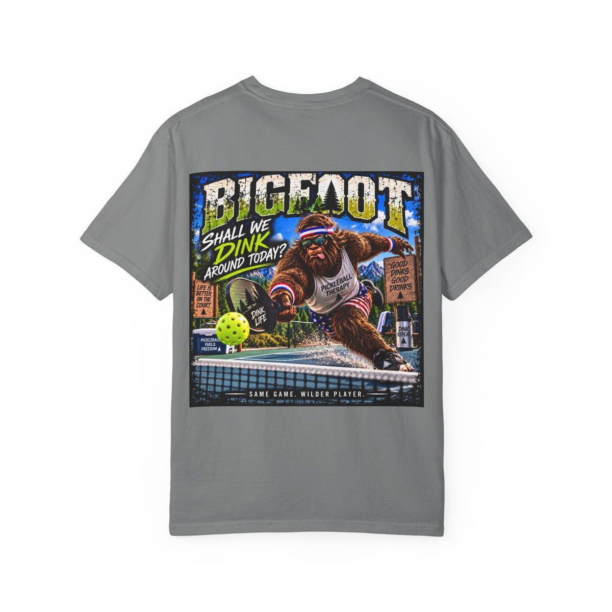 Back Print - Bigfoot Pickleball Poster Art T-Shirt | Shall We Dink Retro Graphic