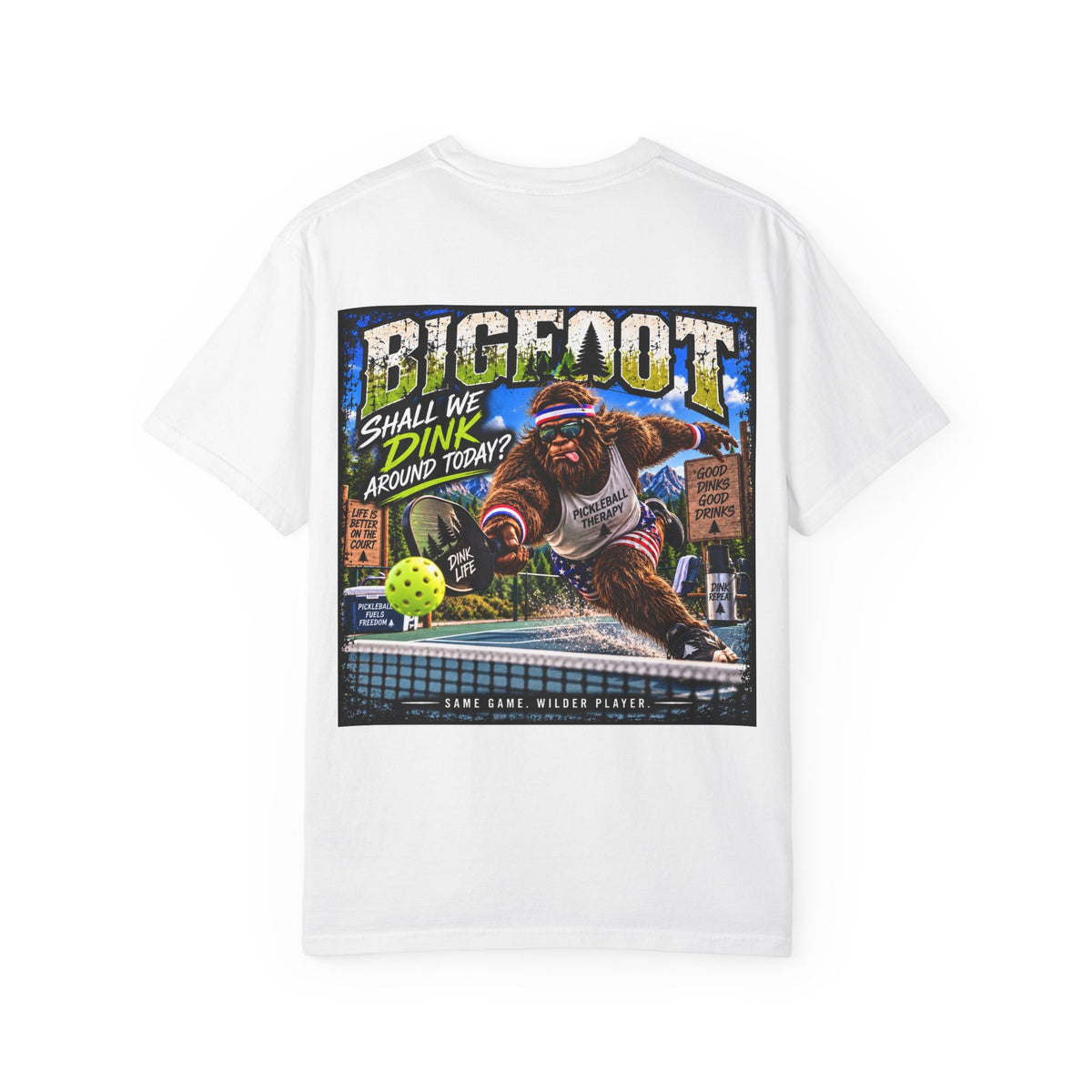 Back Print - Bigfoot Pickleball Poster Art T-Shirt | Shall We Dink Retro Graphic