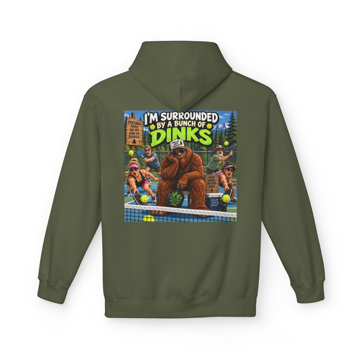 Back Print - I'm Surrounded by Dinos Hoodie | Retro Cartoon Dinosaur Illustration