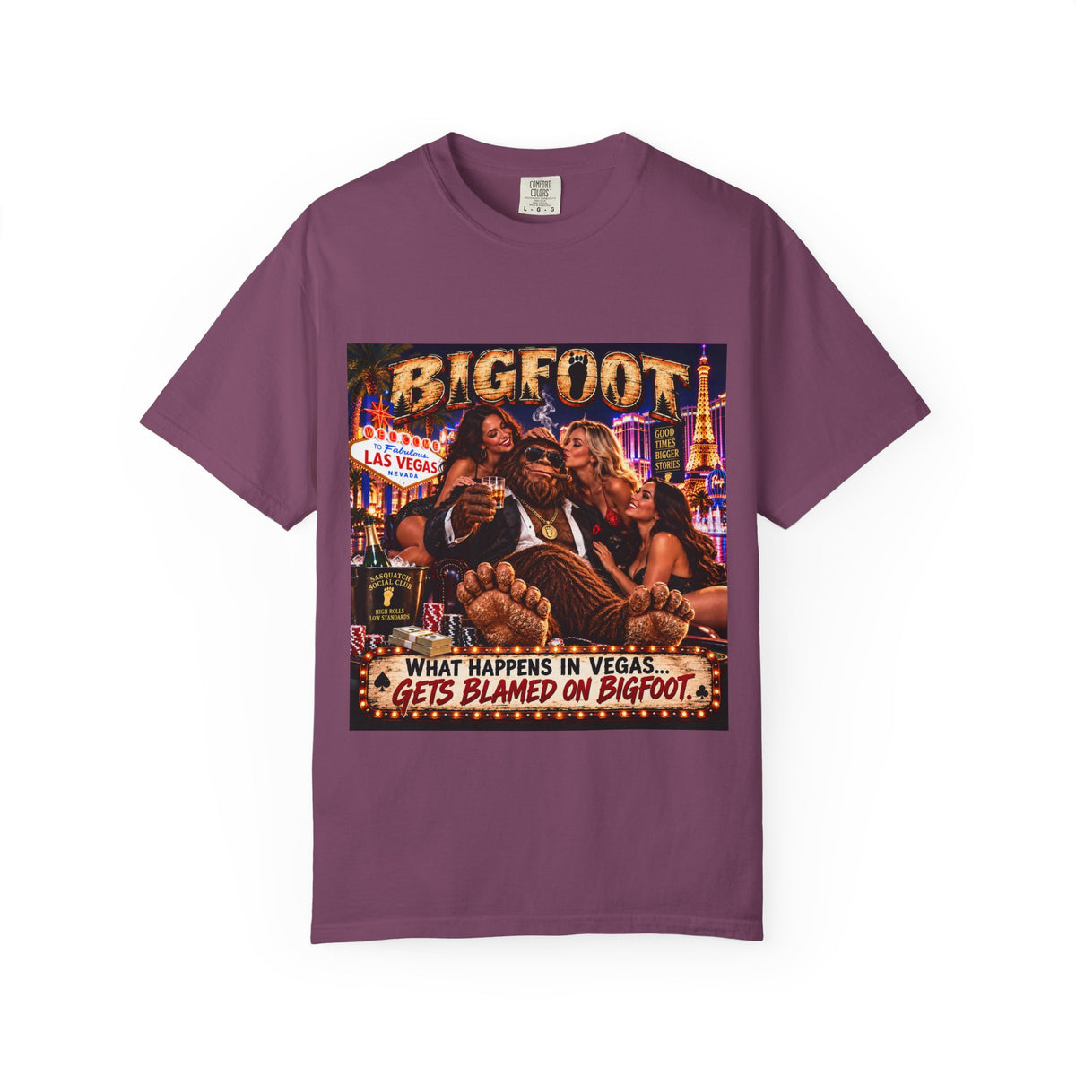 Bigfoot in Las Vegas T-shirt | Retro Casino Scene, 'What Happens in Vegas...'}